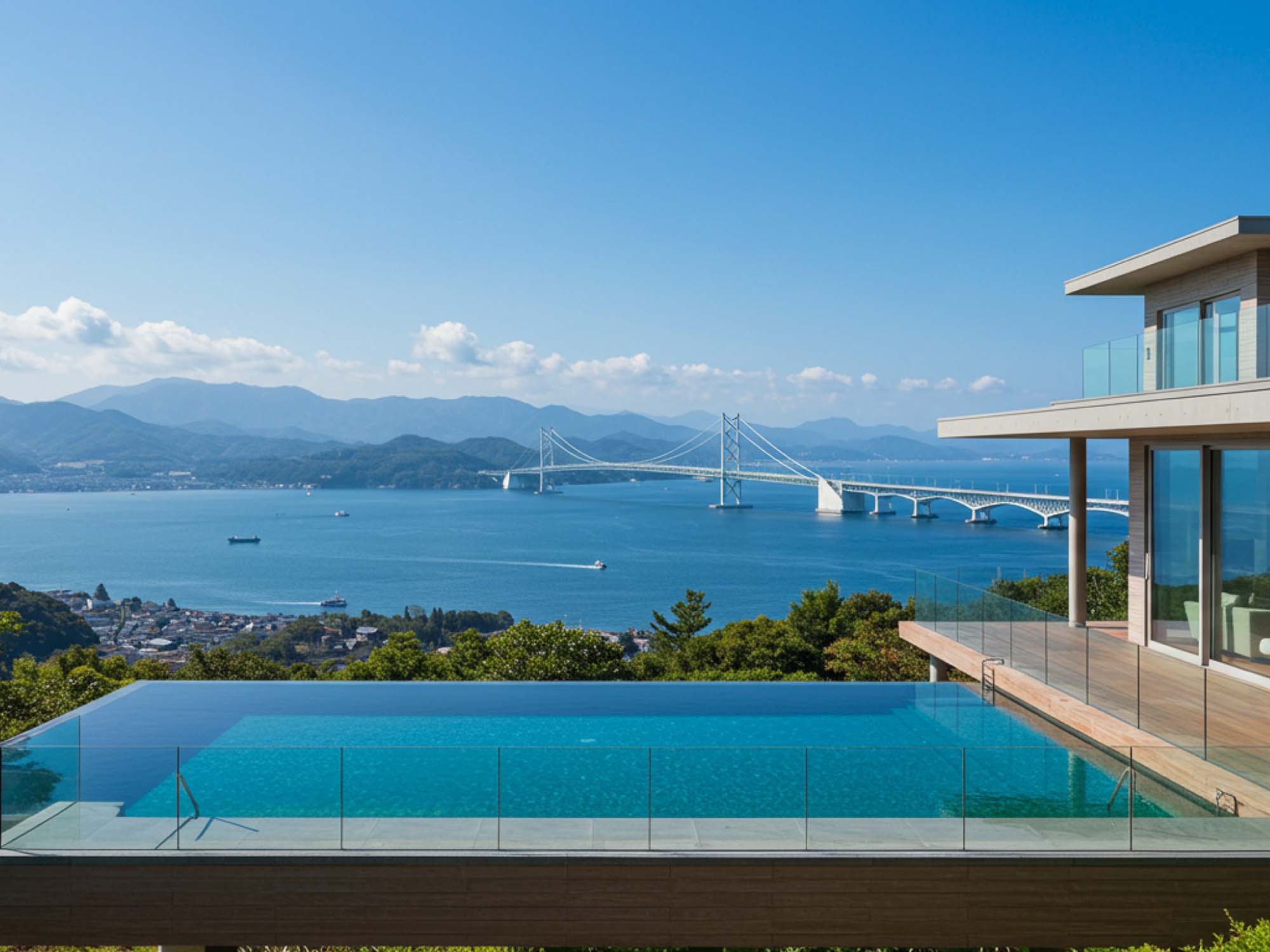 淡路島のプール付きヴィラから見える明石海峡大橋