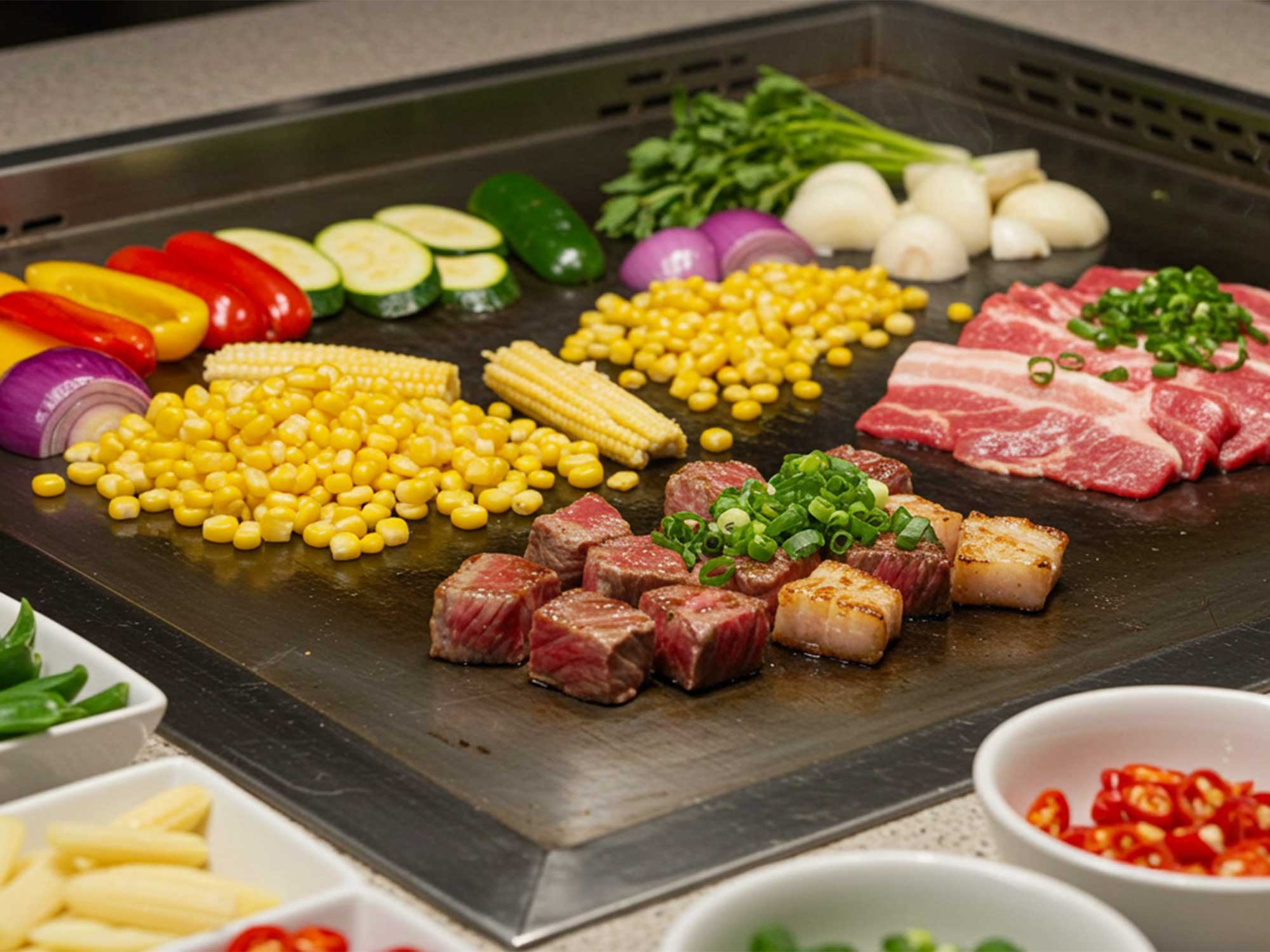 彩り豊かな野菜と肉を鉄板で焼く淡路島バーベキュー体験