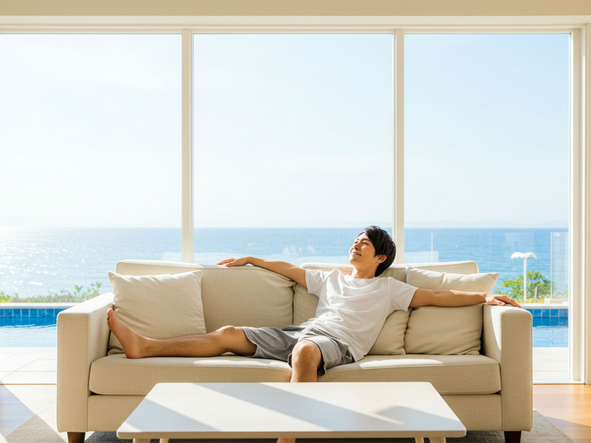 開放的なリゾートヴィラで快適に過ごす男性旅行者