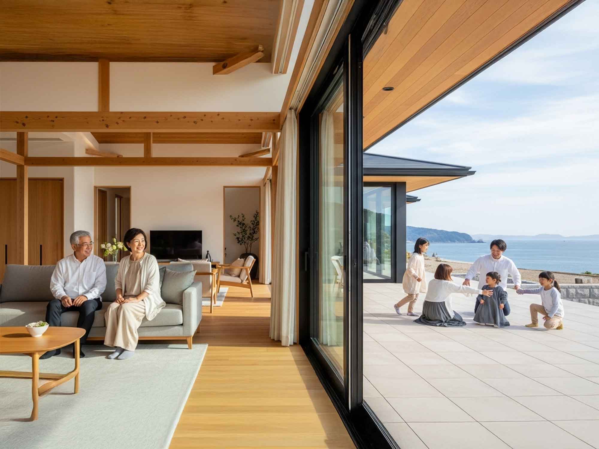 海の見えるヴィラで三世代旅行を楽しむ家族