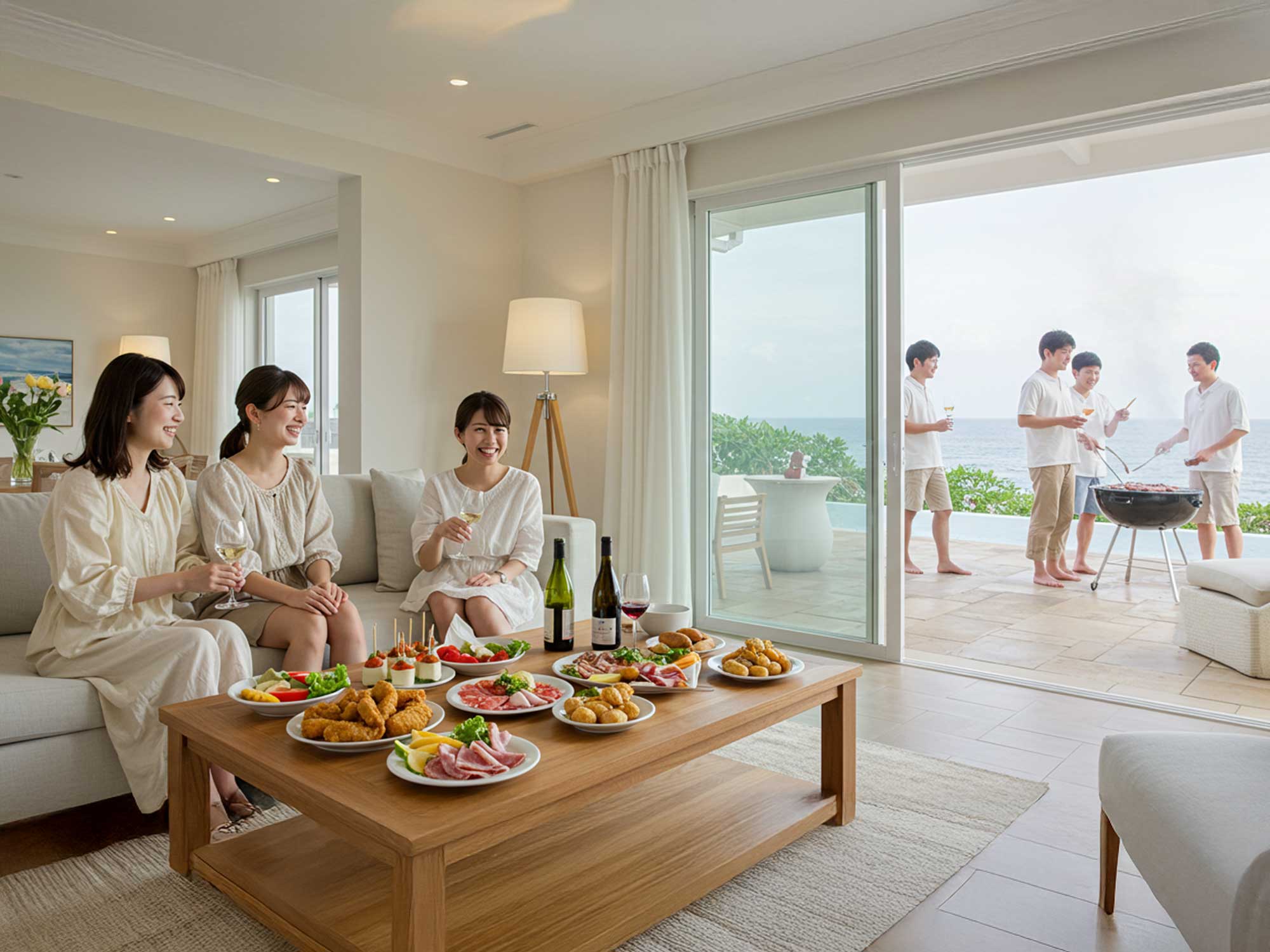 淡路島ヴィラでBBQと食事を楽しむ仲間たち