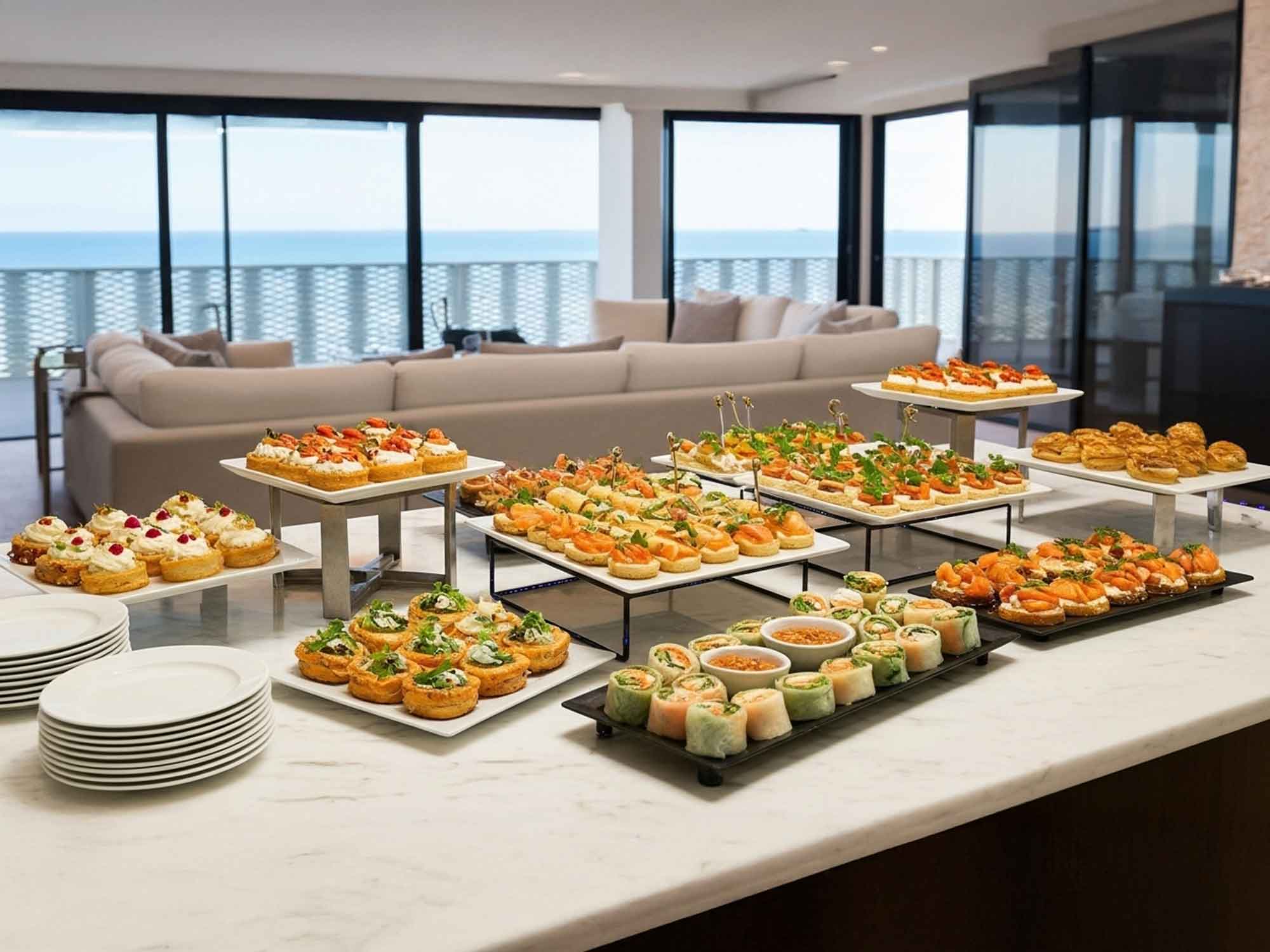 特別なヴィラでのケータリングサービス。美しい景色を眺めながら、様々な種類の美味しい食事が楽しめる様子です。