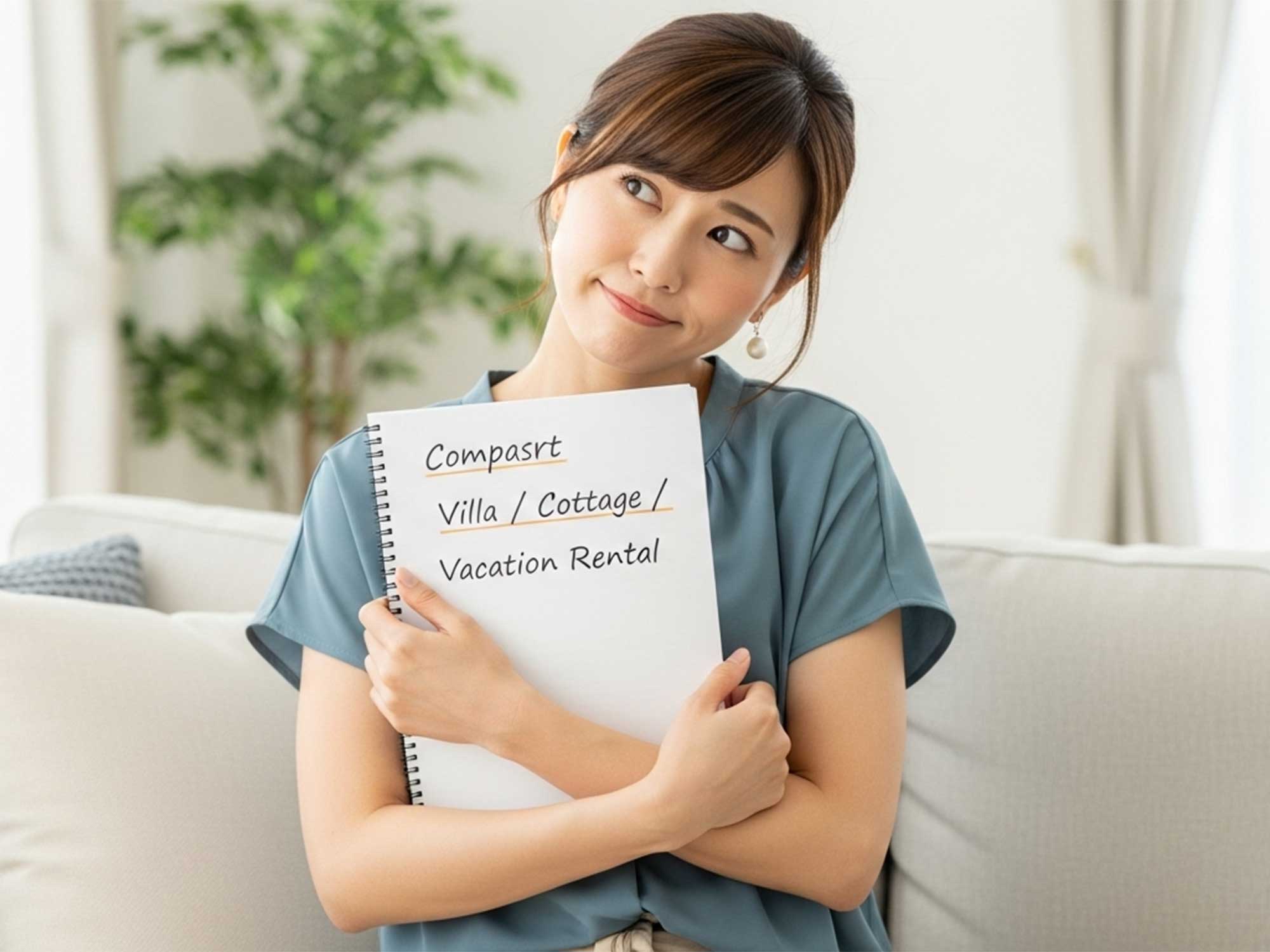 ヴィラやコテージのキーワードを書いたノートを持つ女性