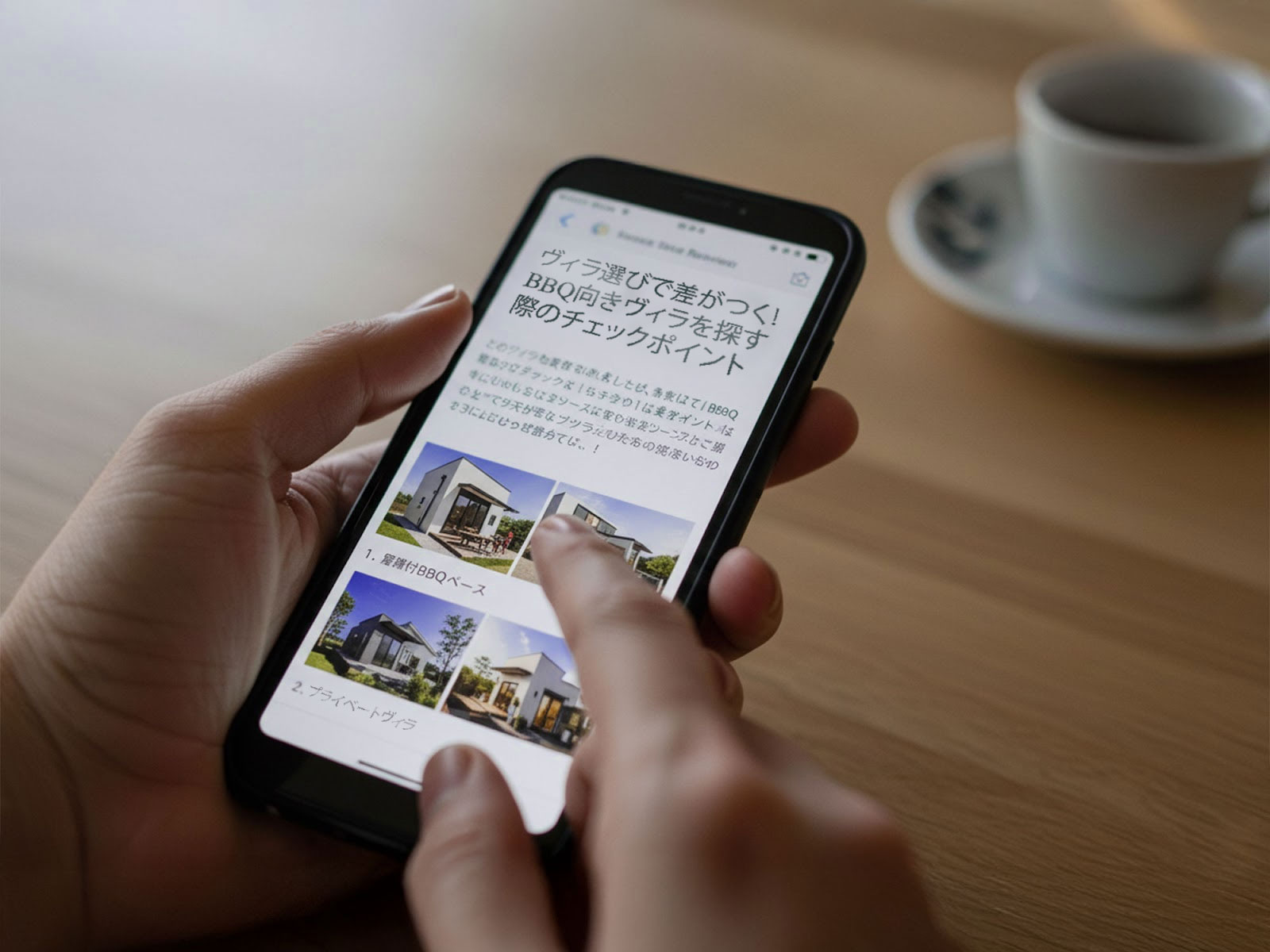 家族満足のバーベキュー体験を探すため淡路島のヴィラ情報をチェックする手元