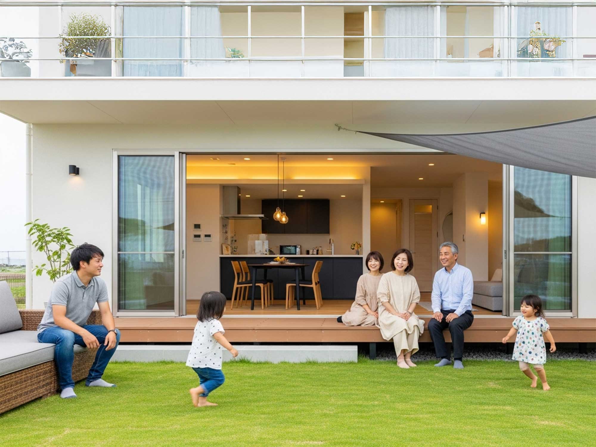 家族で過ごす庭付きヴィラの滞在シーン