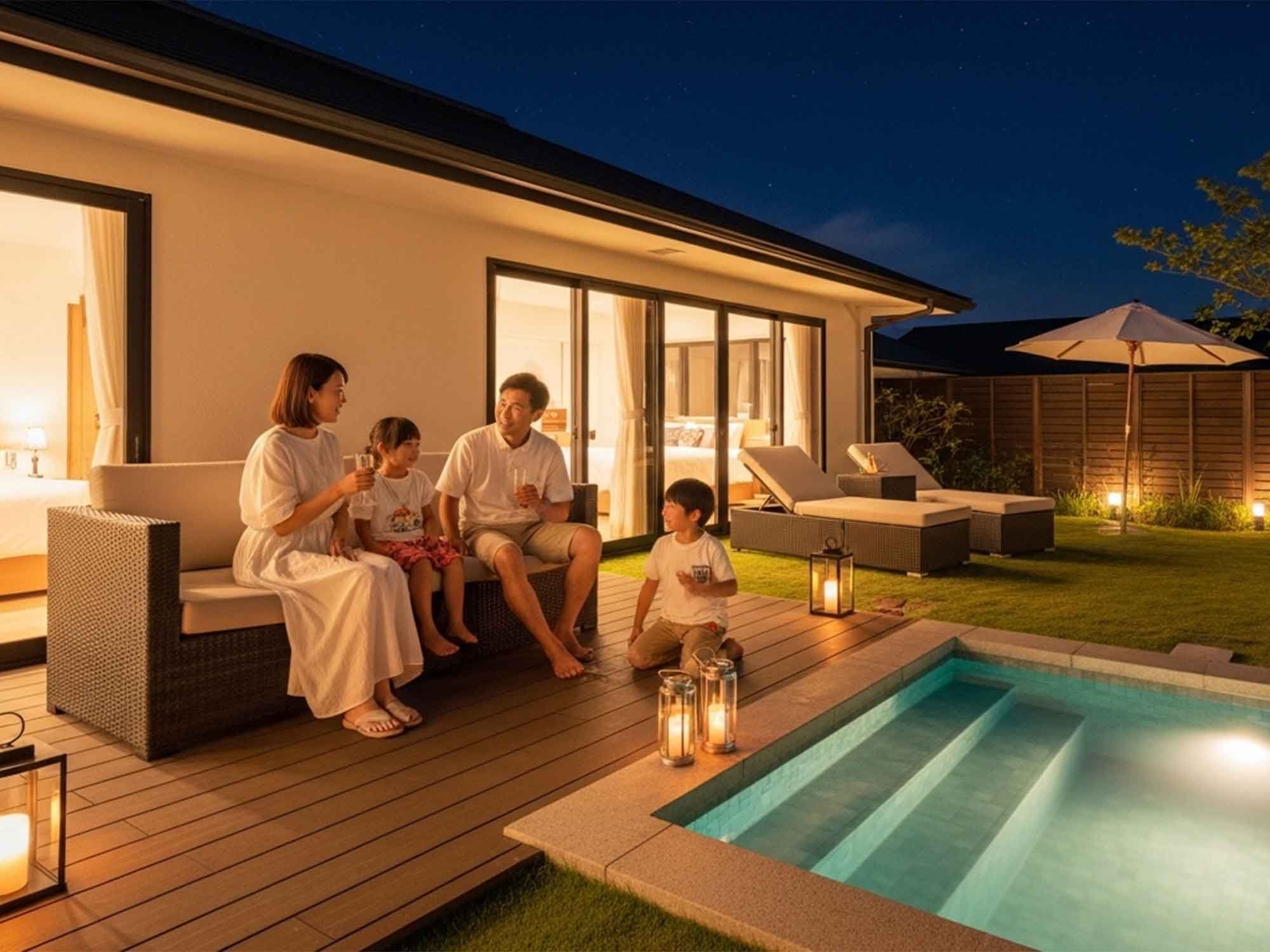 家族で過ごすナイトタイムのリゾートヴィラ