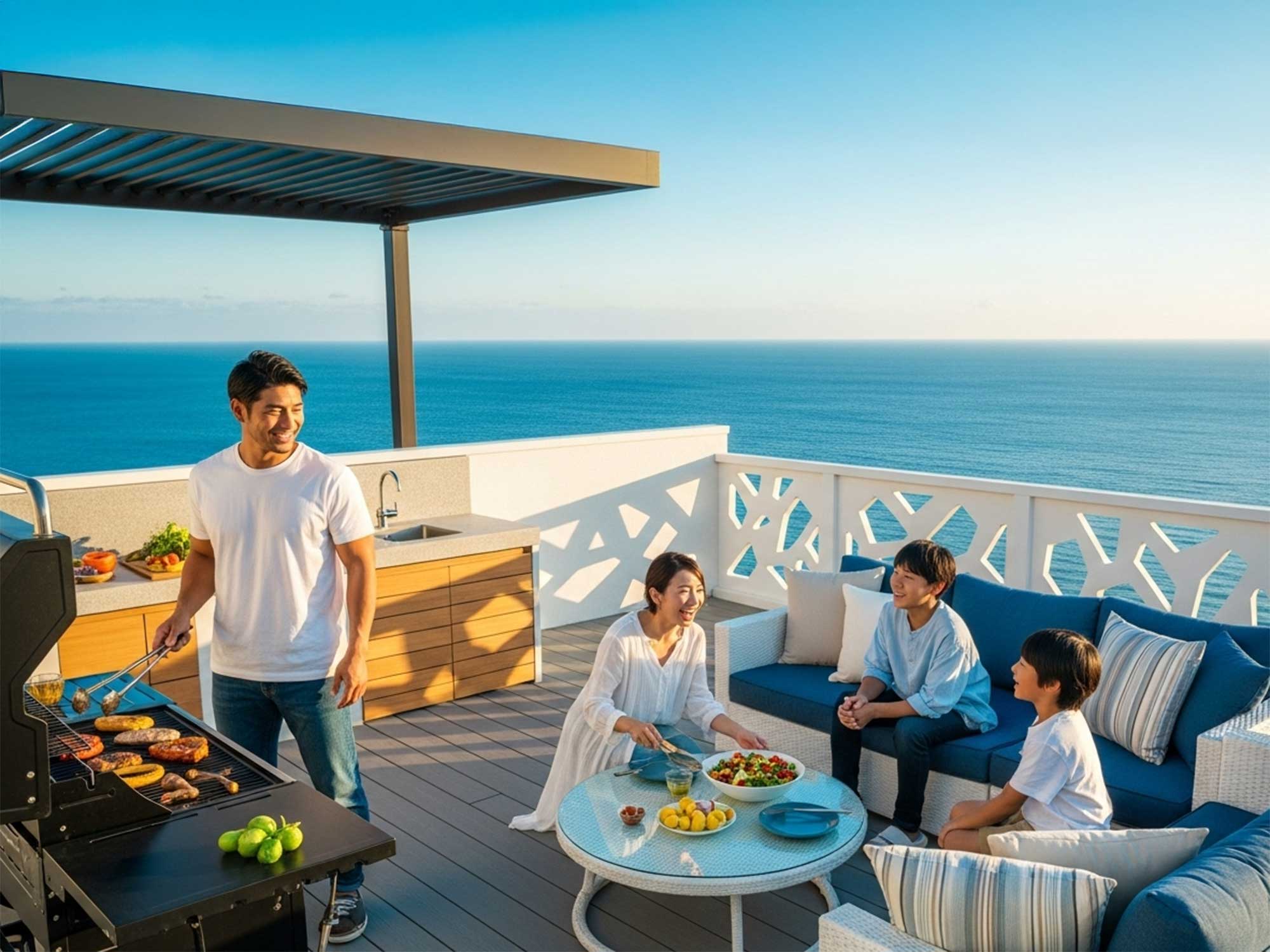 淡路島ヴィラのテラスで家族が楽しむ海辺のバーベキュー