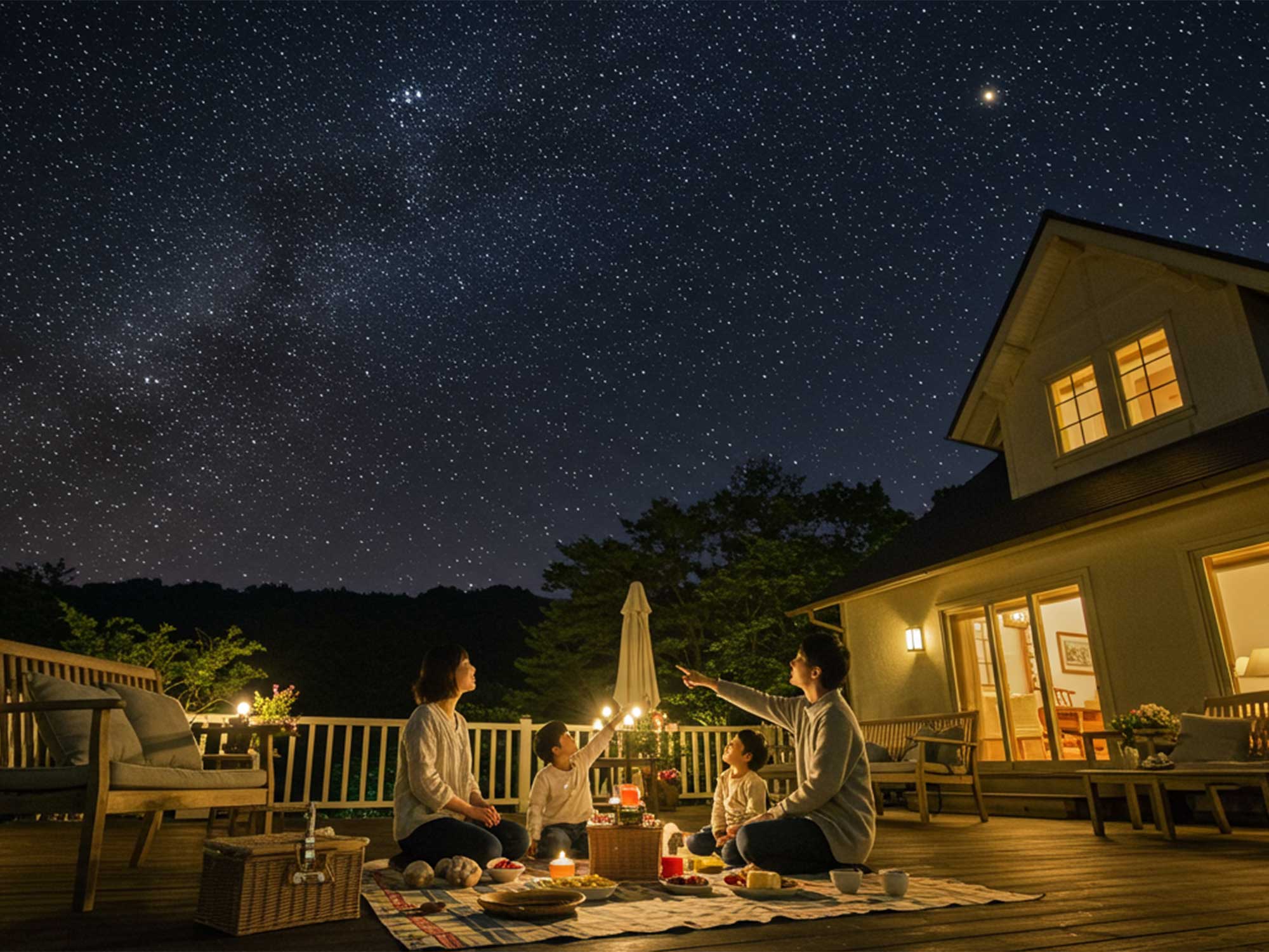 リゾートヴィラのウッドデッキで家族と過ごす星空の夜