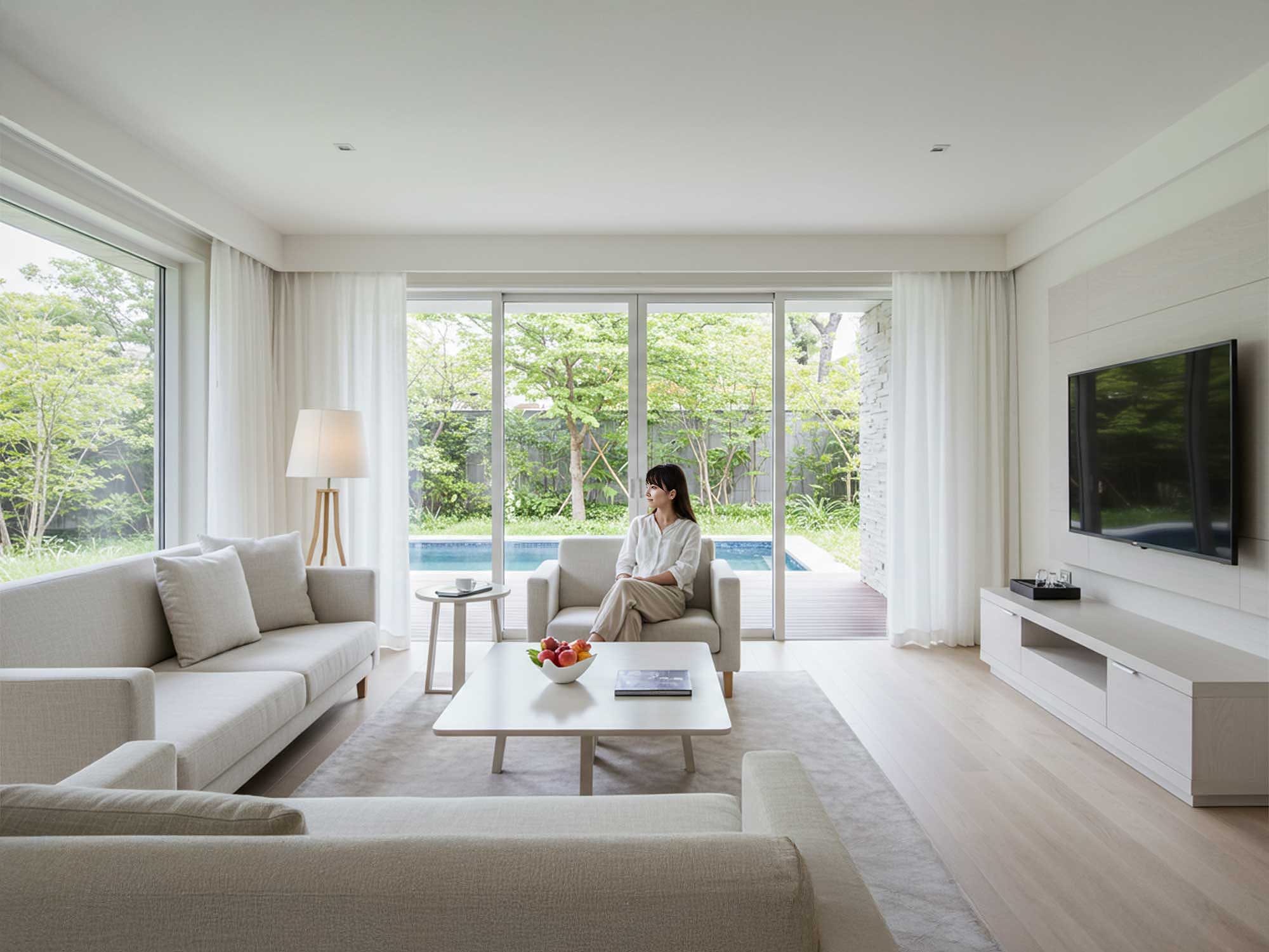 淡路島ヴィラのリビングでくつろぐ女性