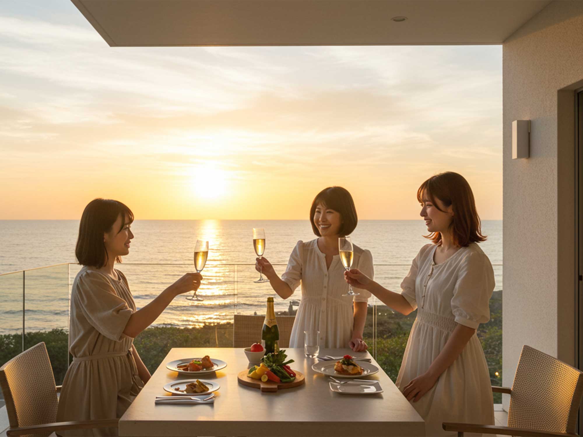 オーシャンビューのヴィラで楽しむ夕食と乾杯する女性たち.