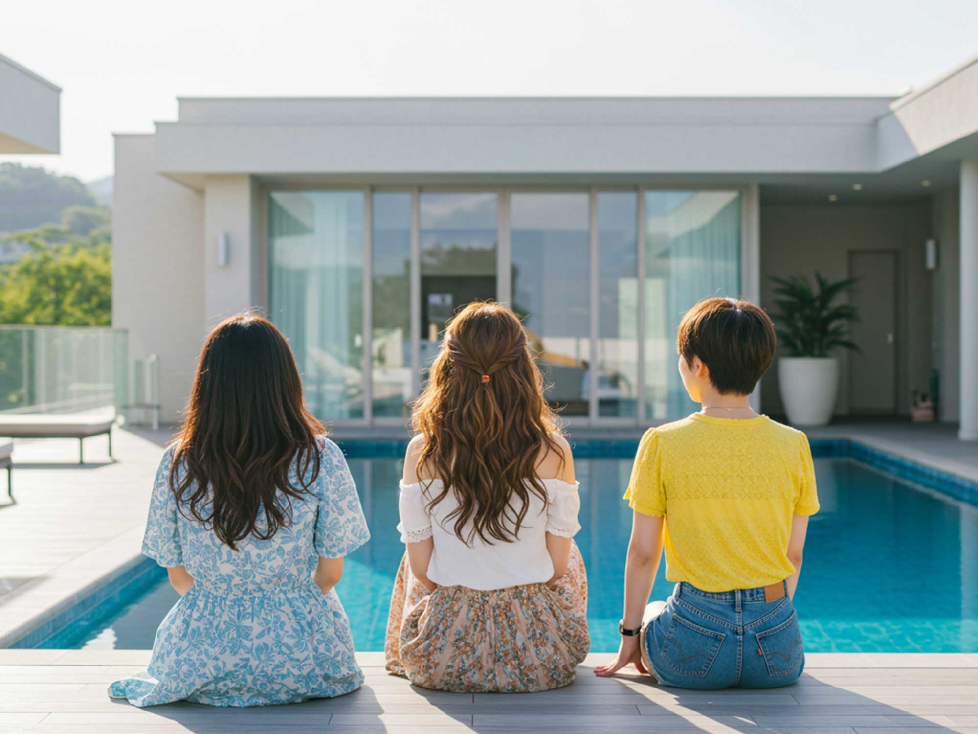 淡路島ヴィラのプールサイドで過ごす女性たち