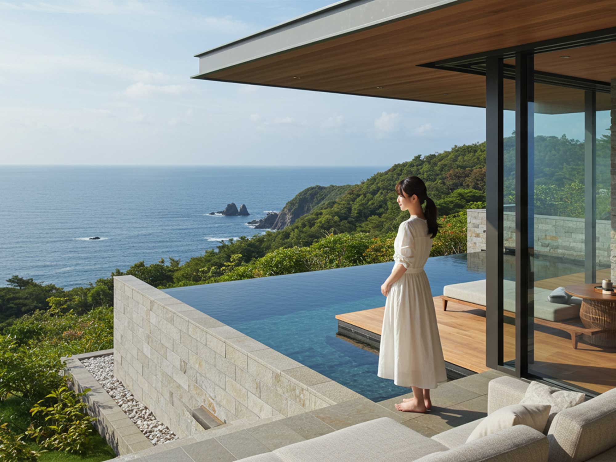 プライベートプール付きヴィラから海を眺める女性
