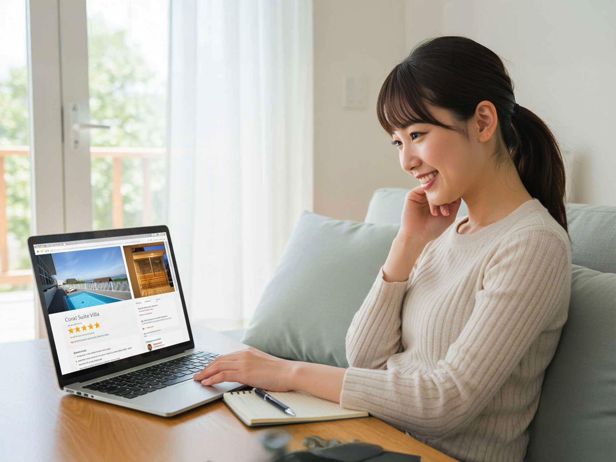 宿泊施設の口コミや情報をチェックする女性