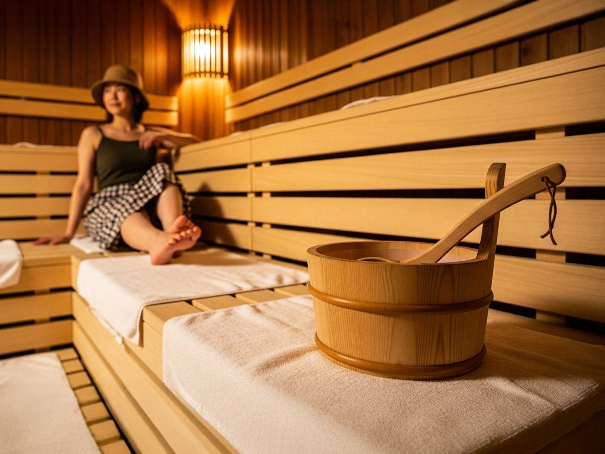 ヴィラでサウナを楽しむ女性