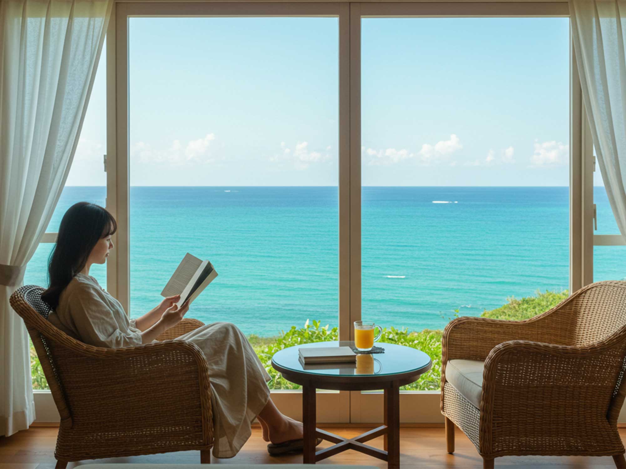 海を眺めながら読書を楽しむ女性