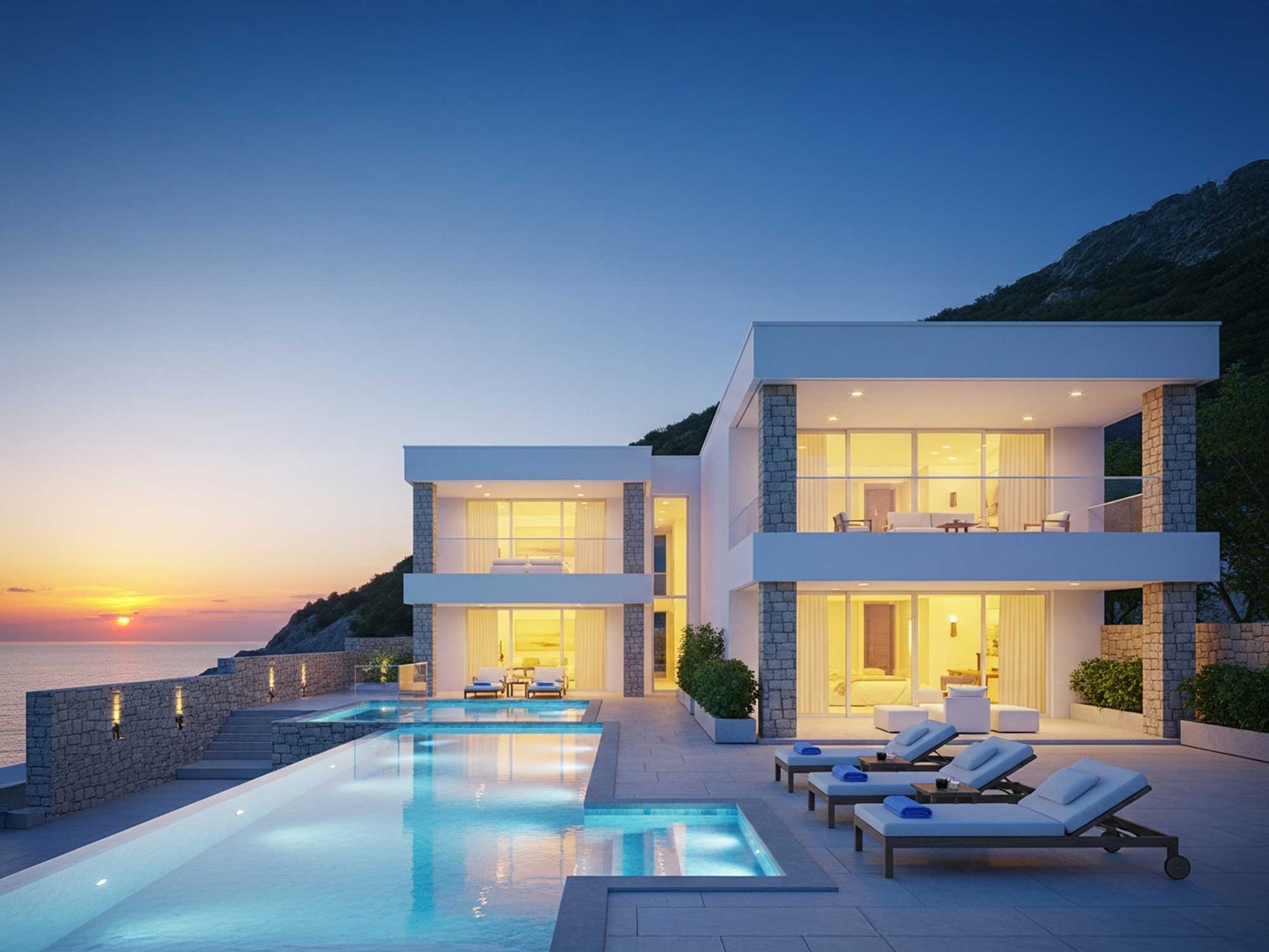 夕日と淡路島ヴィラのプール付きヴィラ