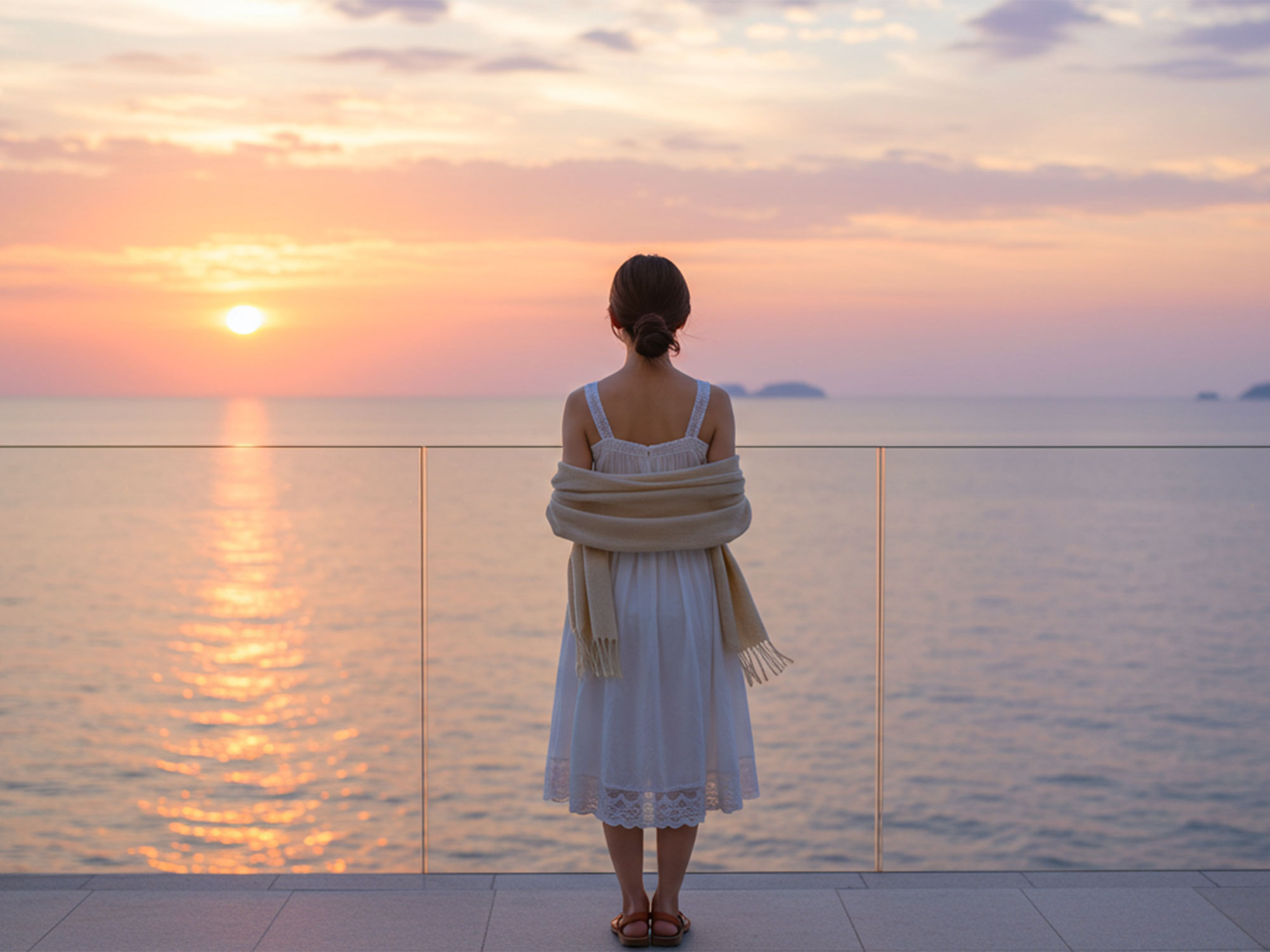 夕日を眺める女性の後ろ姿