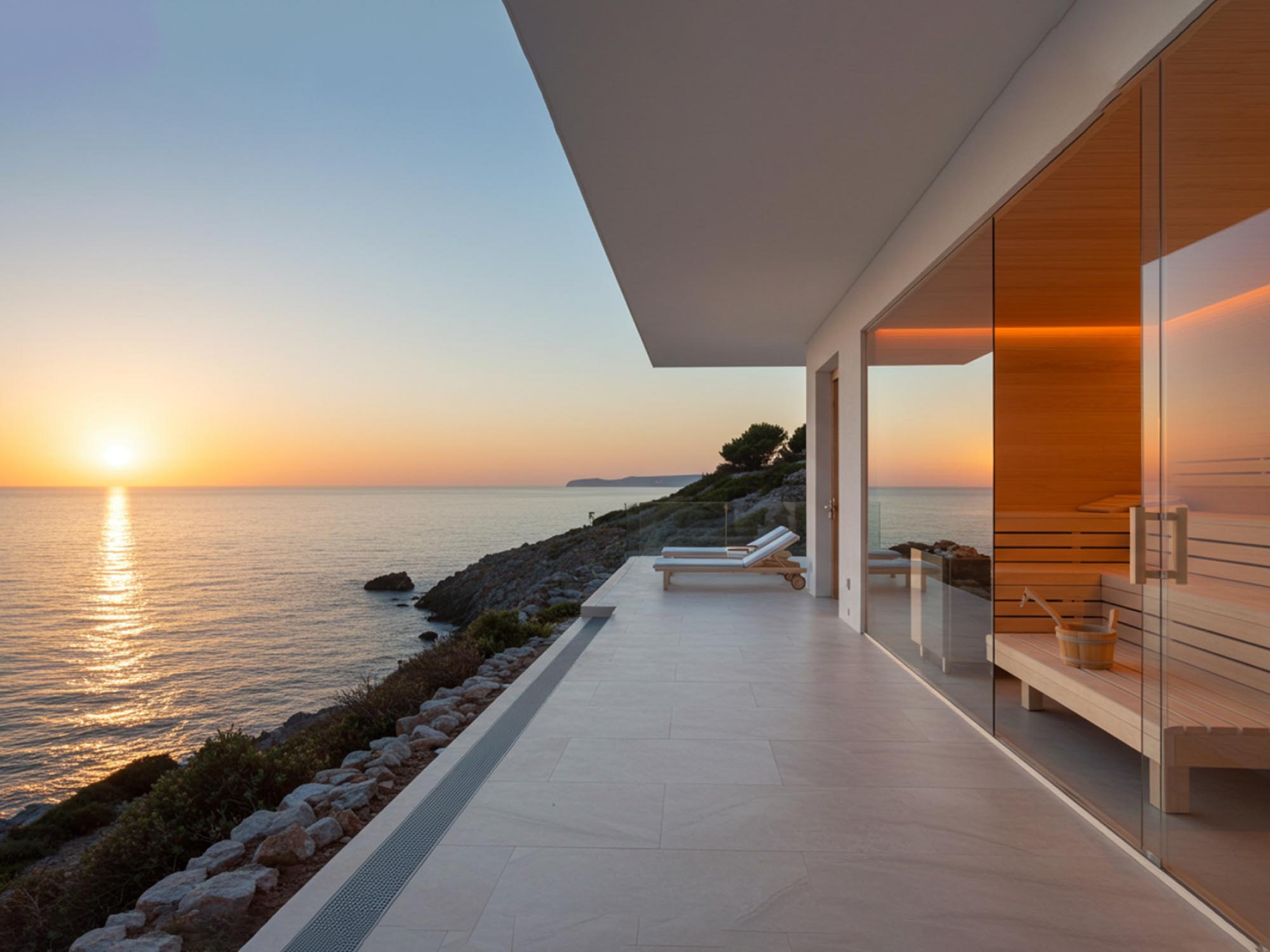 海に沈む夕日を望む淡路島ヴィラのテラスとサウナ