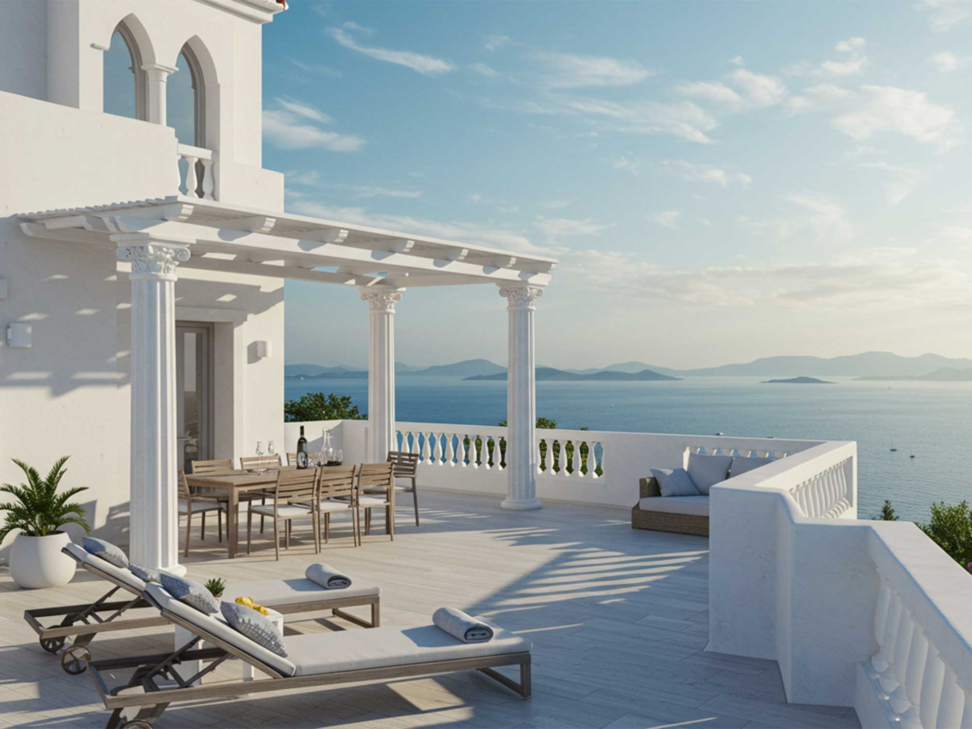 海を望む白いテラス付きヴィラ