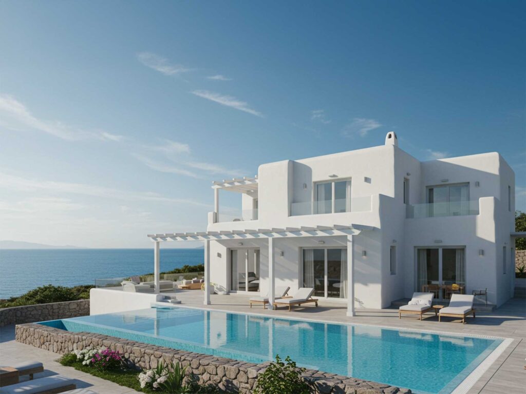 白いヴィラとプライベートプール