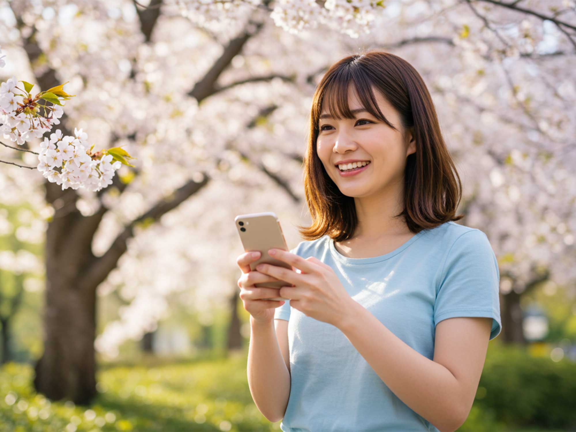 桜の木の下でスマホを見る女性