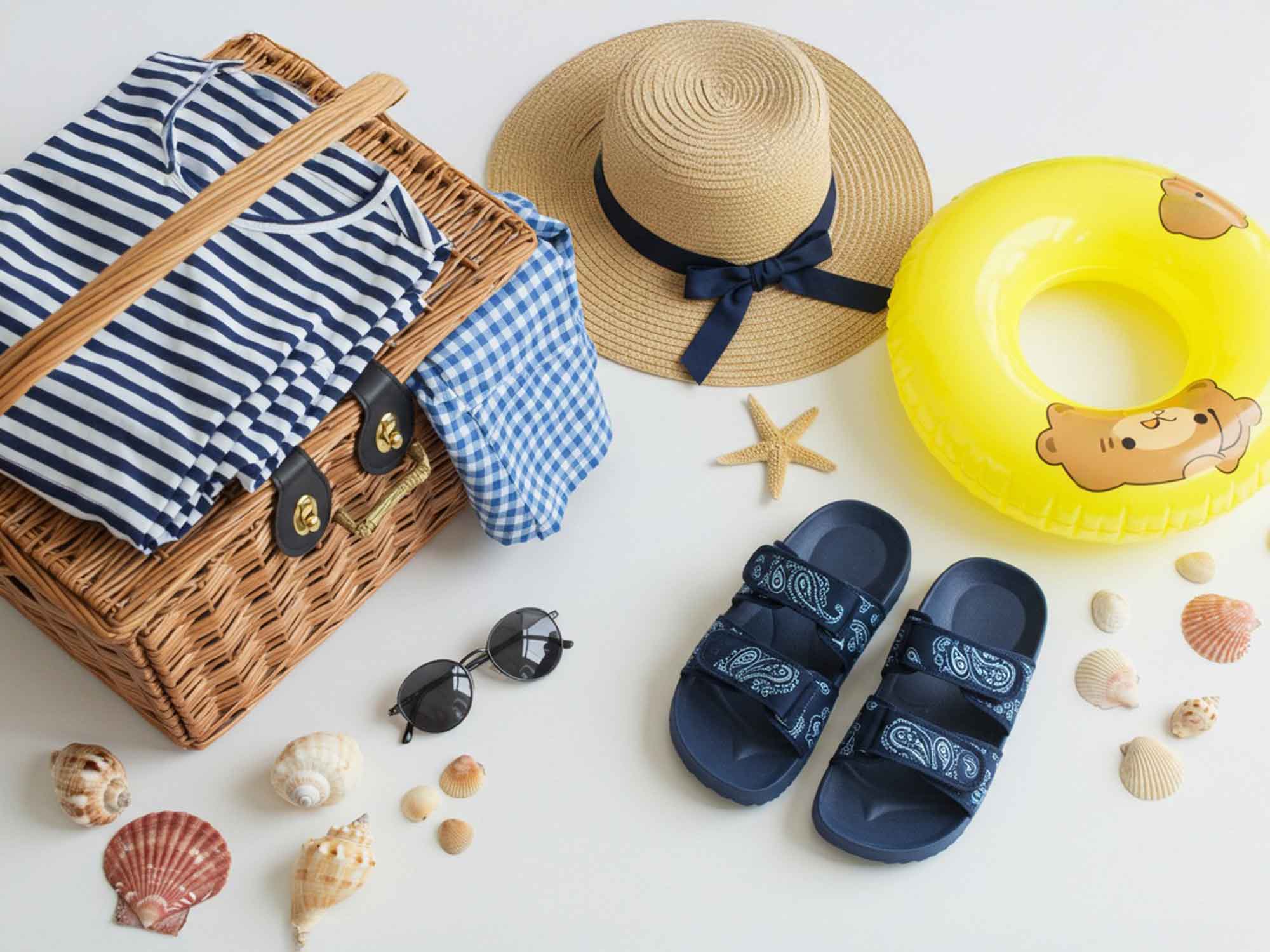 夏の海旅の持ち物ボーダー服麦わら帽子サンダル浮き輪