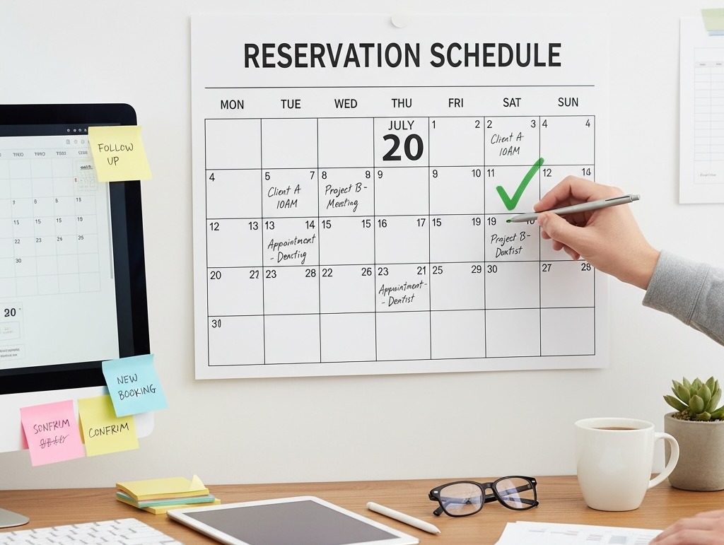 バーベキュー付きヴィラの予約スケジュールを確認する様子カレンダーにチェックを入れる手元淡路島旅行や宿泊計画を立てるシーン