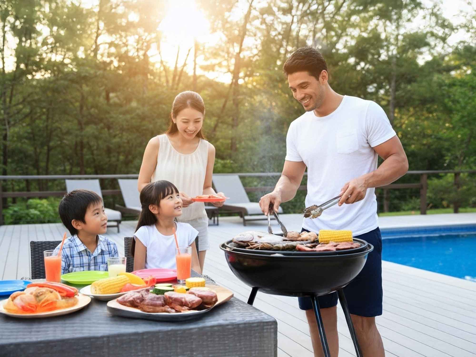 プール付きヴィラのテラスで家族がバーベキューを楽しむ様子父親がグリルで肉を焼き母親と子どもたちが笑顔で見守る淡路島のリゾートヴィラで過ごす休日のイメージ