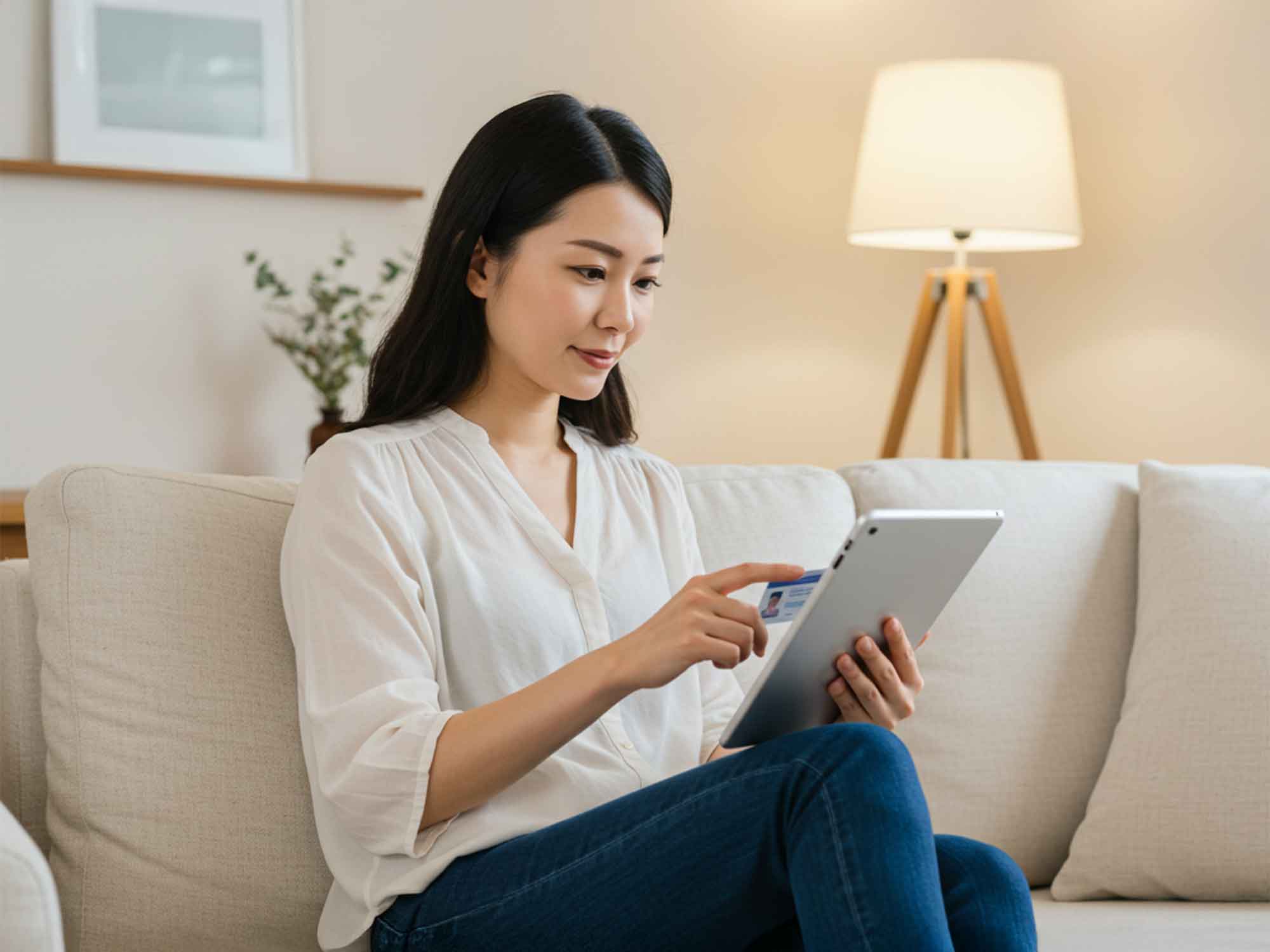 ソファでタブレットに身分証をかざして本人確認する女性