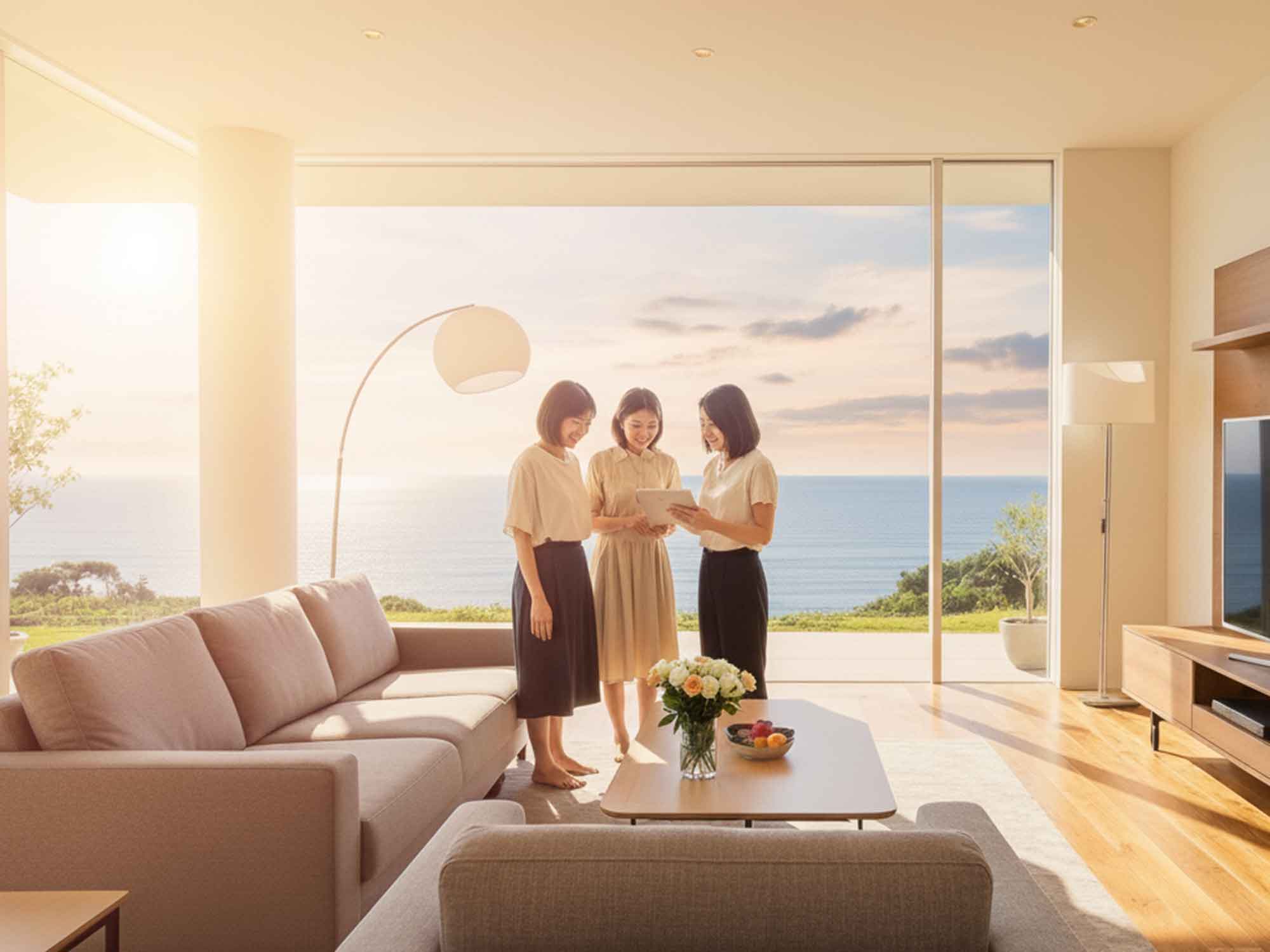 オーシャンビューのリビングでチェックインする女性3人