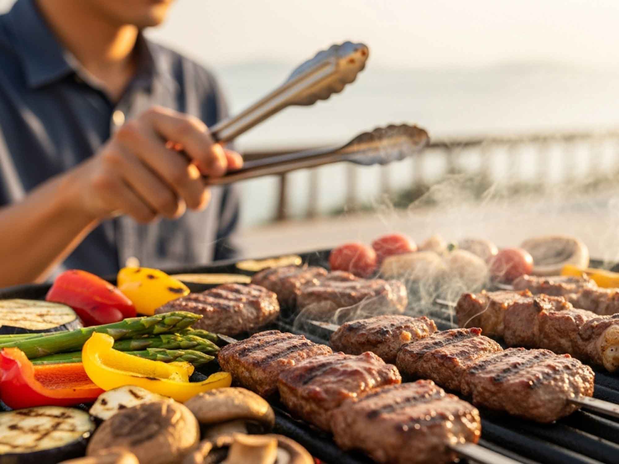 淡路島の海辺でバーベキューを楽しむ男性グリルの上で肉やアスパラパプリカなど色鮮やかな食材を焼く様子ヴィラ宿泊者が楽しめるリゾートバーベキューのイメージ