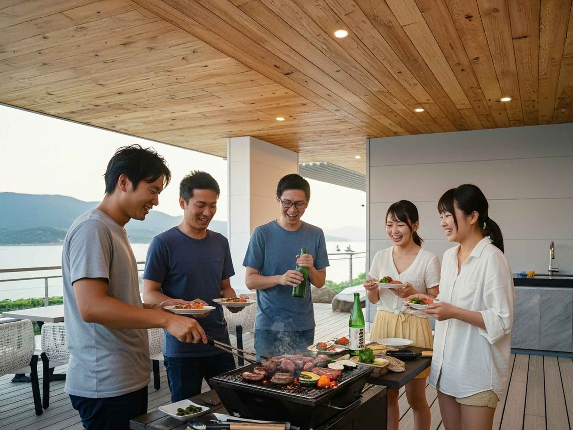 友達と泊まるヴィラでの昼のBBQタイム。笑顔で料理を囲みながらグループ旅行を満喫している様子。