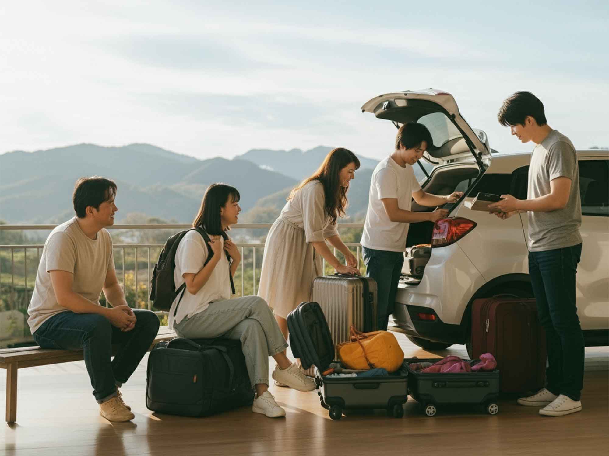 友達同士で淡路島のヴィラに到着し、スーツケースを運び込むグループ旅行の始まりのシーン。