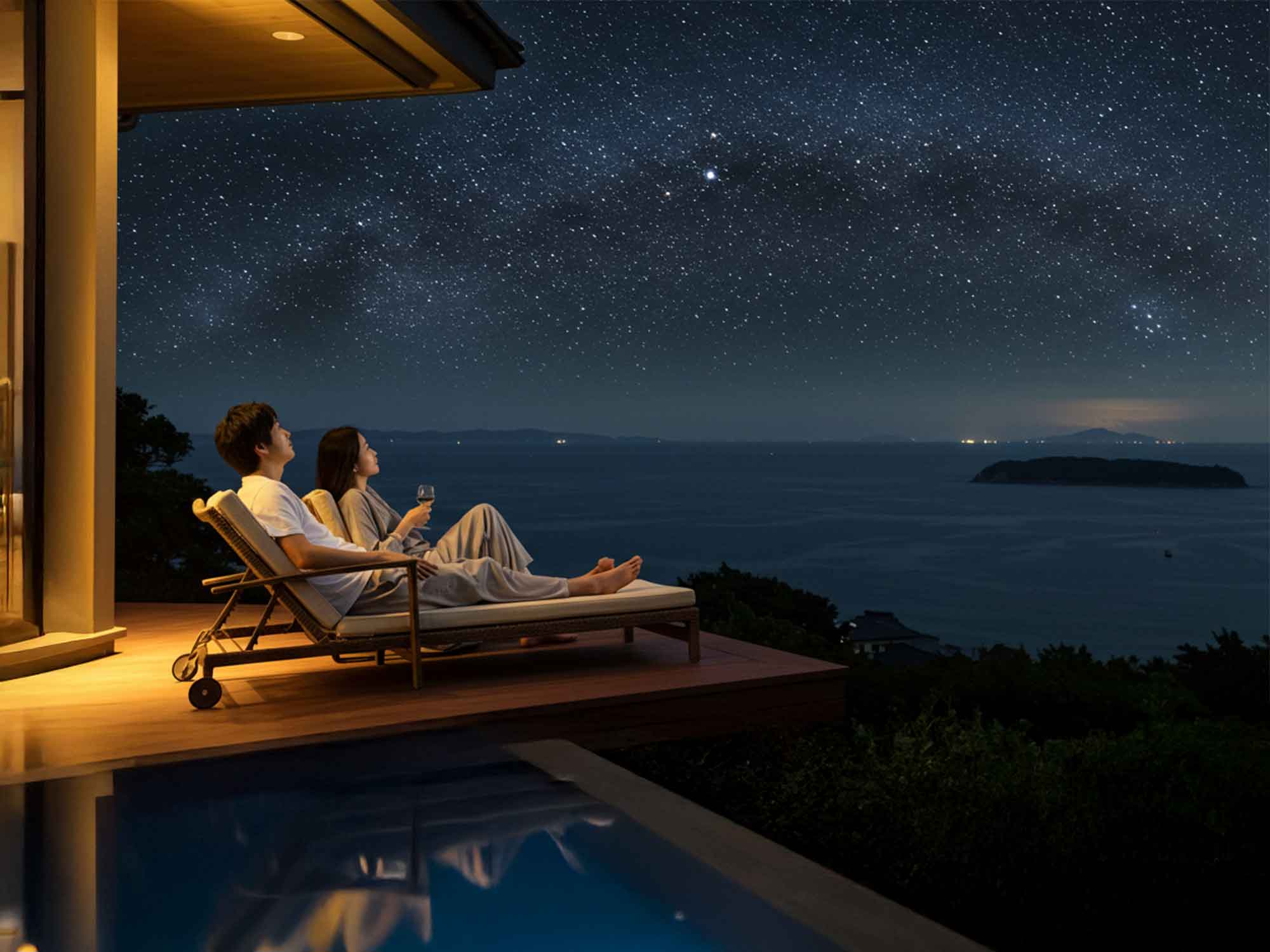 淡路島の一棟貸しヴィラで、カップルがテラスに座って星空観賞を楽しむ様子。南あわじ市の海と満天の星が広がるロマンチックな記念日体験。