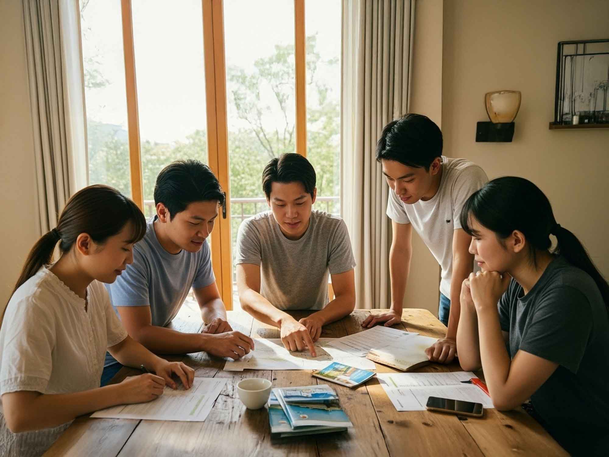 ヴィラ滞在の計画を立てる友達グループ。旅行プランを話し合いながら淡路島での過ごし方を相談している様子。