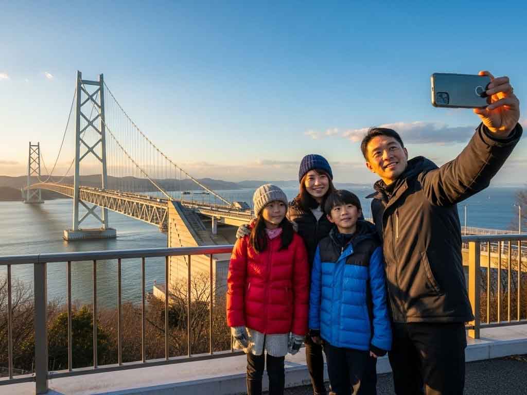 冬の淡路島で、明石海峡大橋を背景に家族が写真撮影を楽しむ風景。冬休みの家族旅行で人気の絶景スポット。