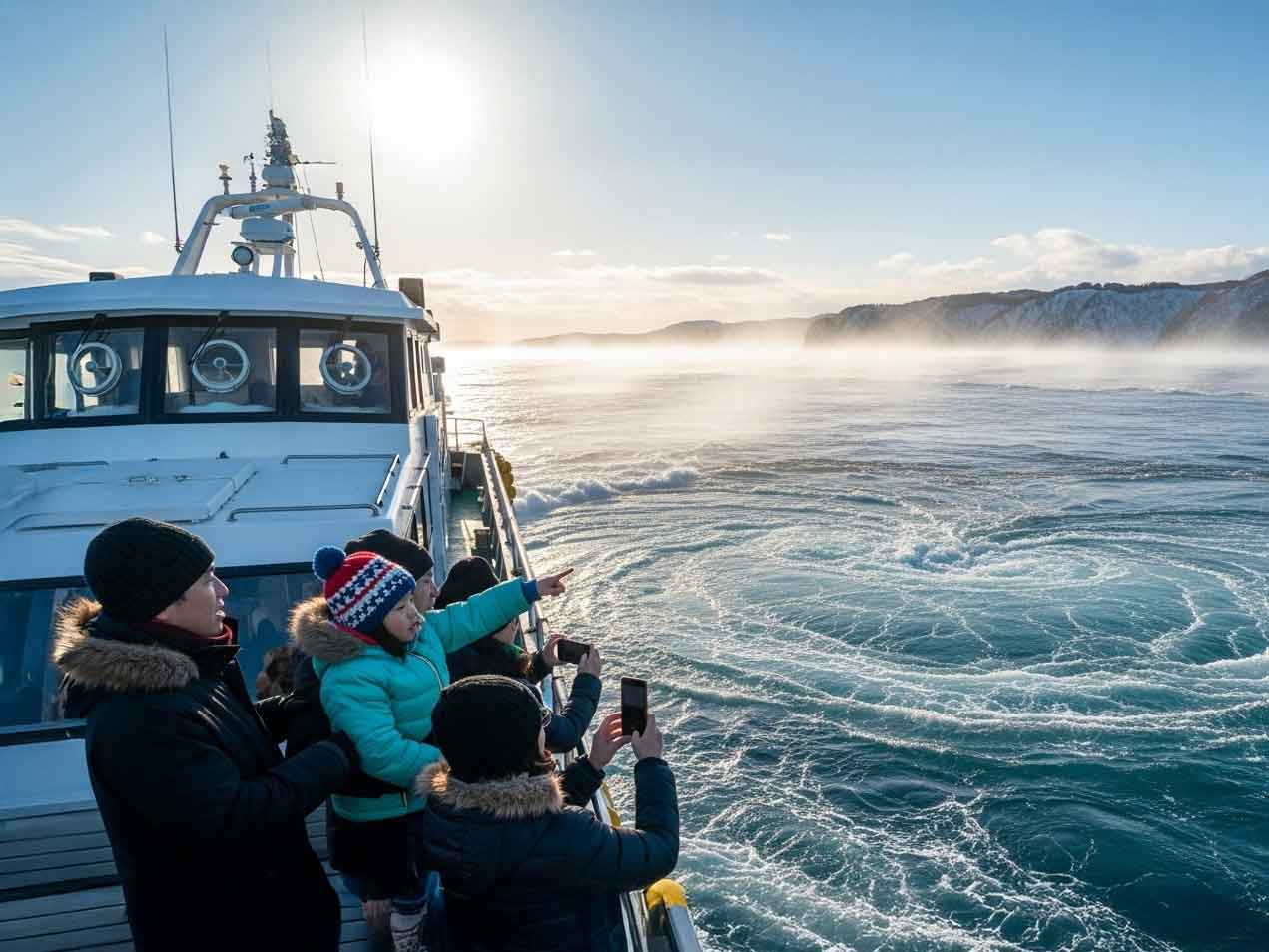 冬の淡路島で家族が渦潮クルーズを楽しんでいる様子。迫力ある渦潮を子どもと一緒に間近で観察できる冬休み旅行の人気体験。