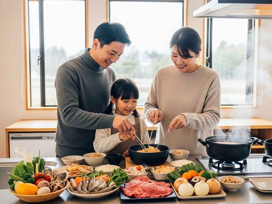 冬の淡路島旅行で、子連れ家族がヴィラのキッチンで鍋料理を囲むシーン。地元食材を使った自炊を楽しめる冬休みの過ごし方。