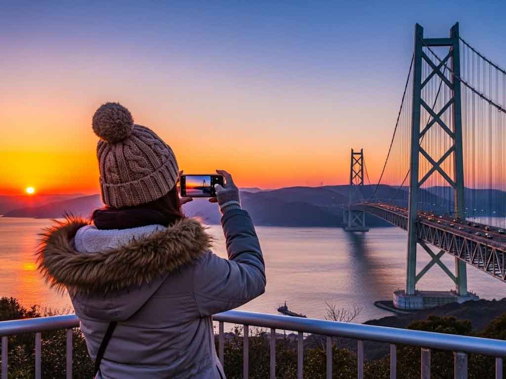 冬の淡路島で旅行者が夕陽に染まる明石海峡大橋を撮影する光景。冬休みにおすすめの絶景スポットとして人気。