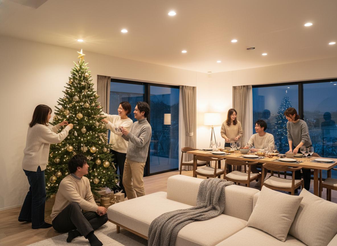 男女7人がクリスマス宿泊パーティの場所として利用されているリビングダイニング。数名はライトアップされた大きなツリーの飾り付けをし、他の人たちはダイニングテーブルで食事の準備をしている様子。