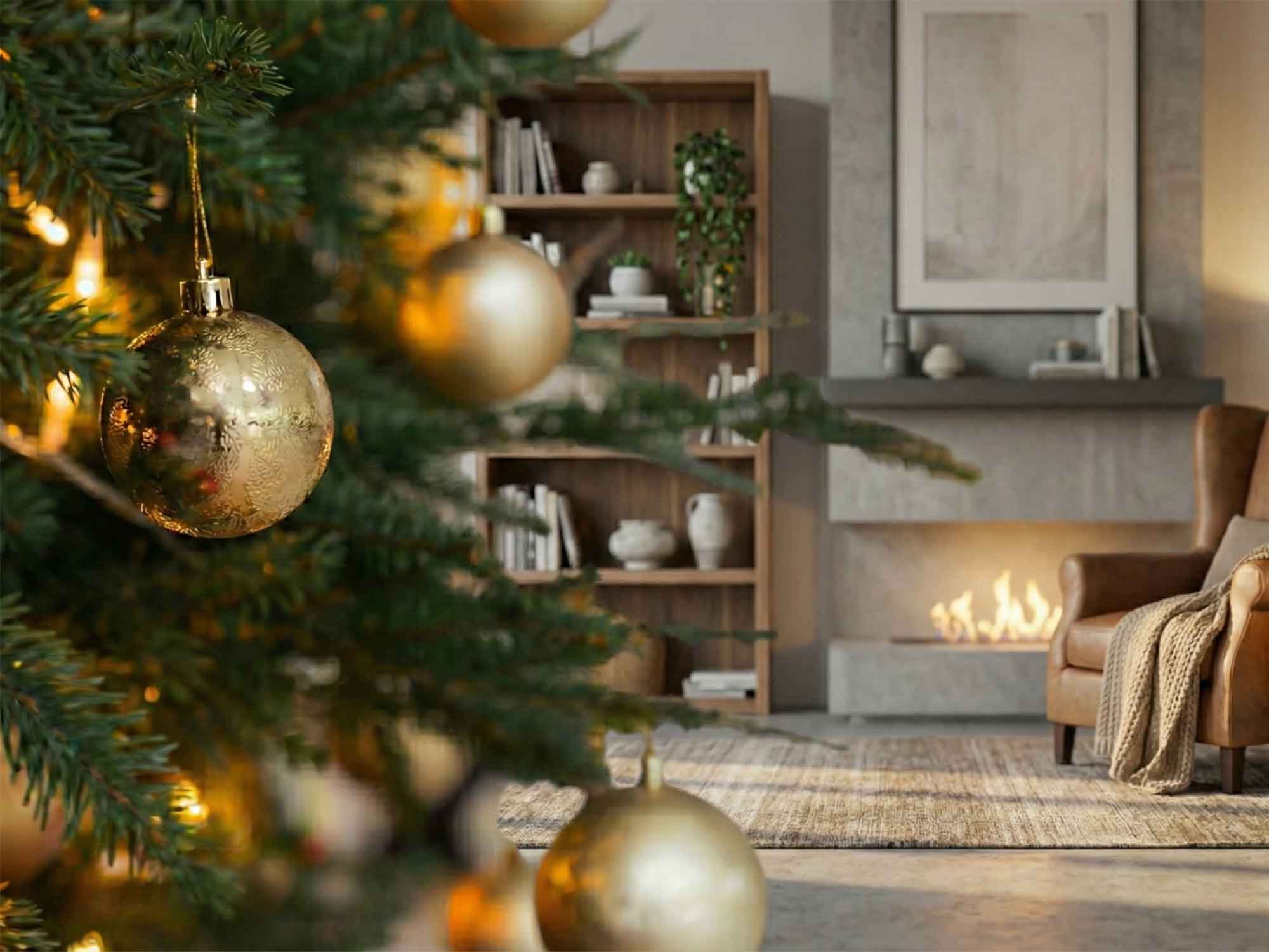 手前に装飾されたクリスマスツリーがあり、奥には本棚や暖炉、椅子が配置されたリビングルームが写っている。室内は整理され、季節の装飾が施された生活空間であることが分かる。