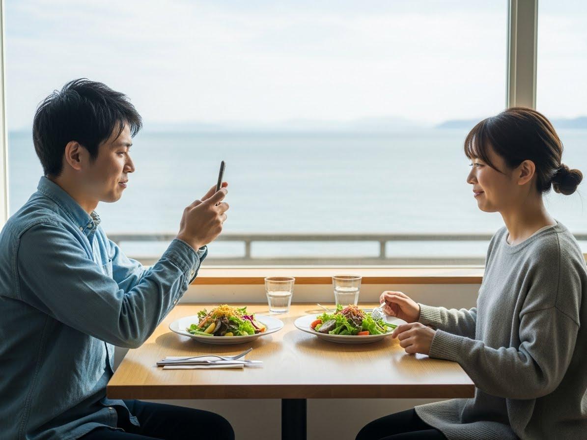 海が見える窓際の席で、男女が食事をしている。男性はスマートフォンで料理の写真を撮り、向かいに座る女性はフォークを持って微笑んでいる。