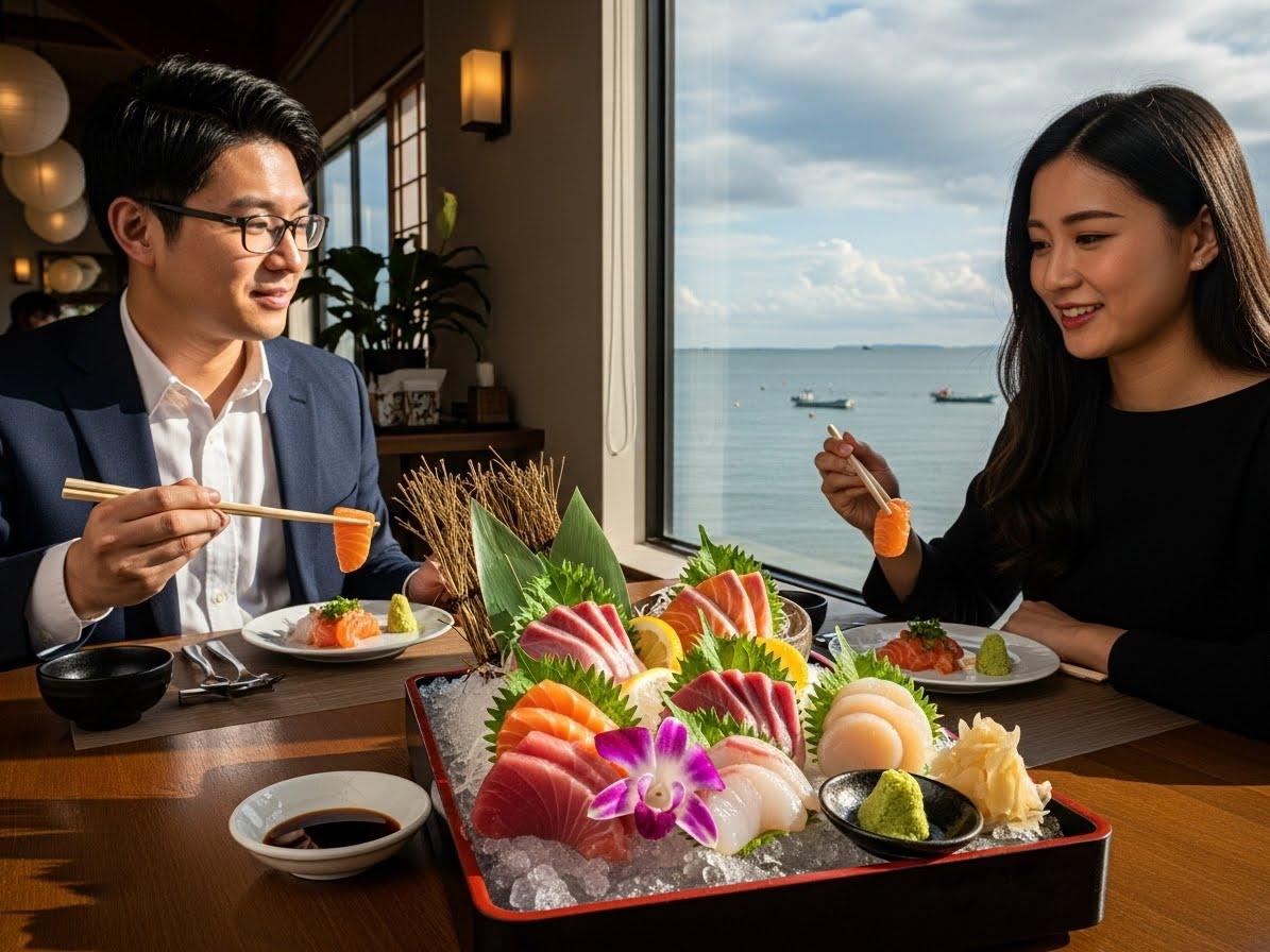 海の見えるレストランで、スーツ姿の男性と黒い服の女性がテーブルを挟んで座っている。二人は箸で刺身を持ち、目の前の刺身の盛り合わせを見ながら微笑んでいる。窓の外には海と船が見える。