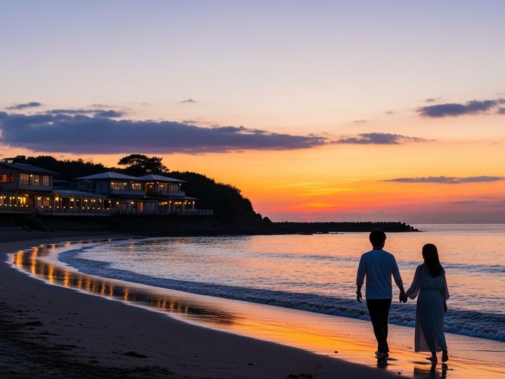 夕暮れの海岸で、手をつないだ男女が後ろ姿で歩いている。背景には丘の上に立つ灯りのついた建物があり、夕焼けの光が水面と砂浜に反射している。