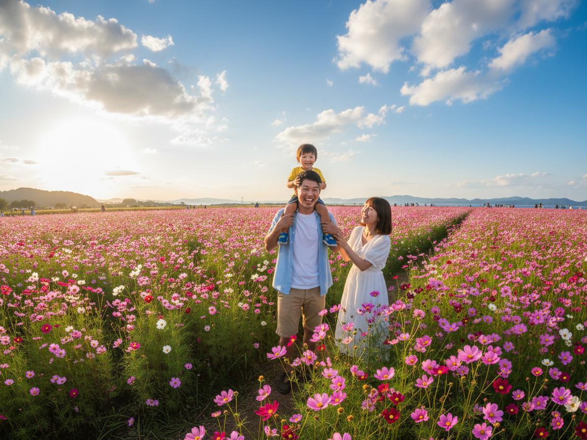 満開のコスモス畑の中、父親が男の子を肩車し、その隣で母親が微笑んでいる。晴れた青空には雲が浮かび、太陽の光が射している。