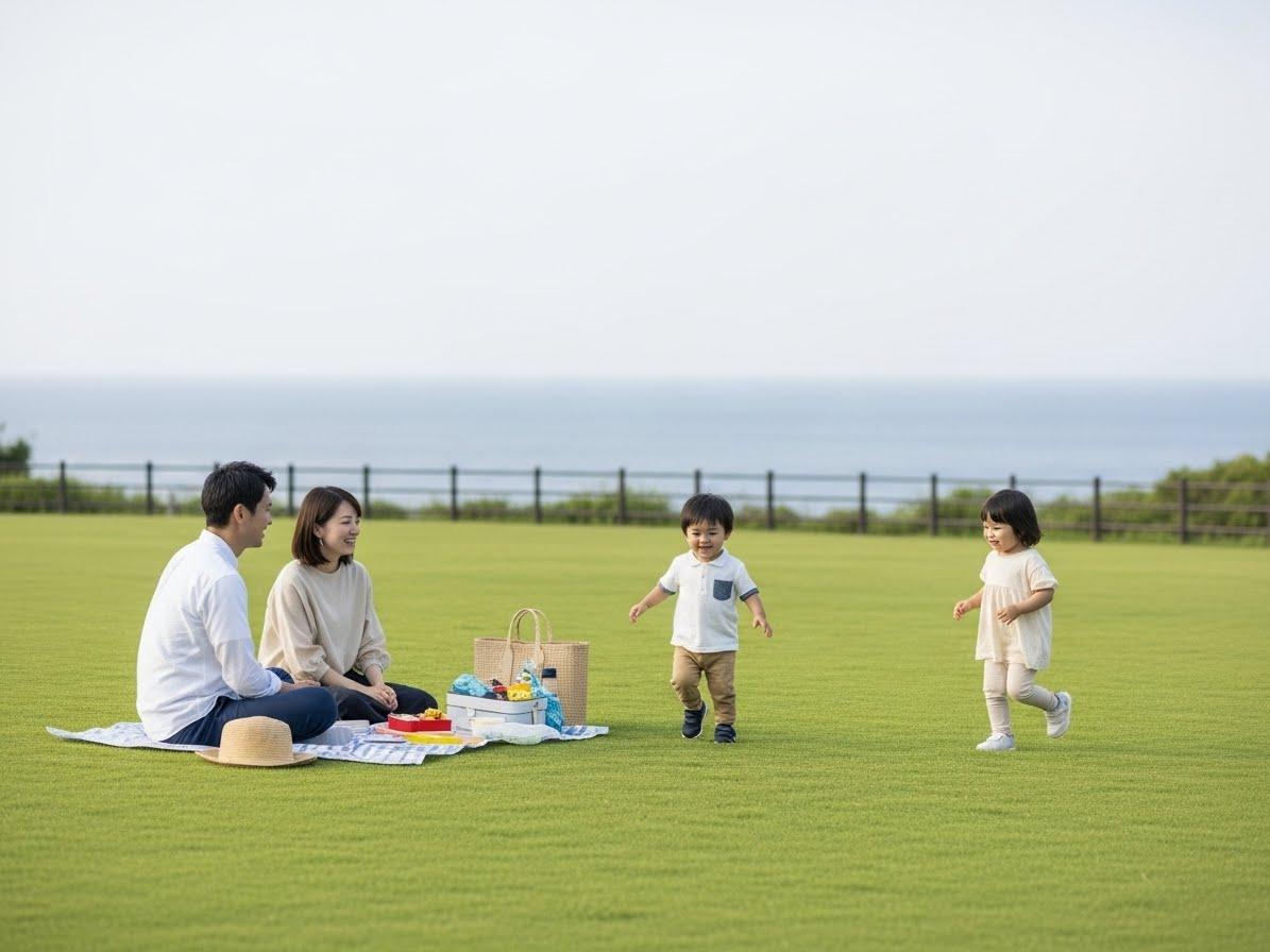 海の見える広大な芝生の上でピクニックをしている家族。レジャーシートに座る夫婦と、その前で遊ぶ幼い男の子と女の子の姿が写っている。