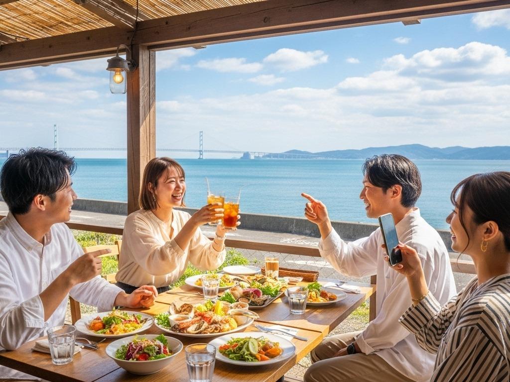 海が見えるレストランのテラス席で、男女4人が食事をしている。テーブルにはサラダなどの料理が並んでおり、女性が飲み物のグラスを掲げて乾杯している。背景には大きな橋と山が見える。