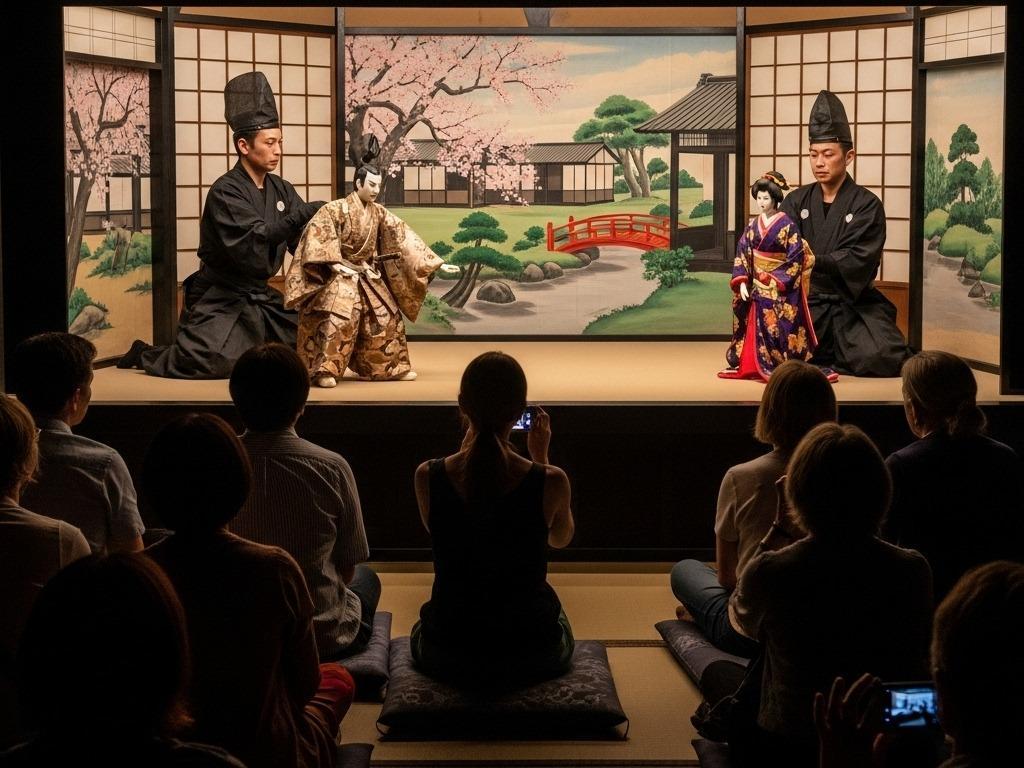 黒い衣装を着た男性二人が舞台の上で伝統的な人形を操っている。背景には桜や日本の家屋が描かれ、客席では観客が座布団に座って公演を鑑賞している。