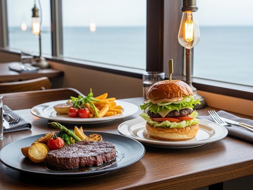 海の見えるレストランの木製テーブルの上に、ステーキとハンバーガー、フライドポテトの料理が乗った皿が並んでいる。窓の外には海が広がり、テーブルランプが灯っている。