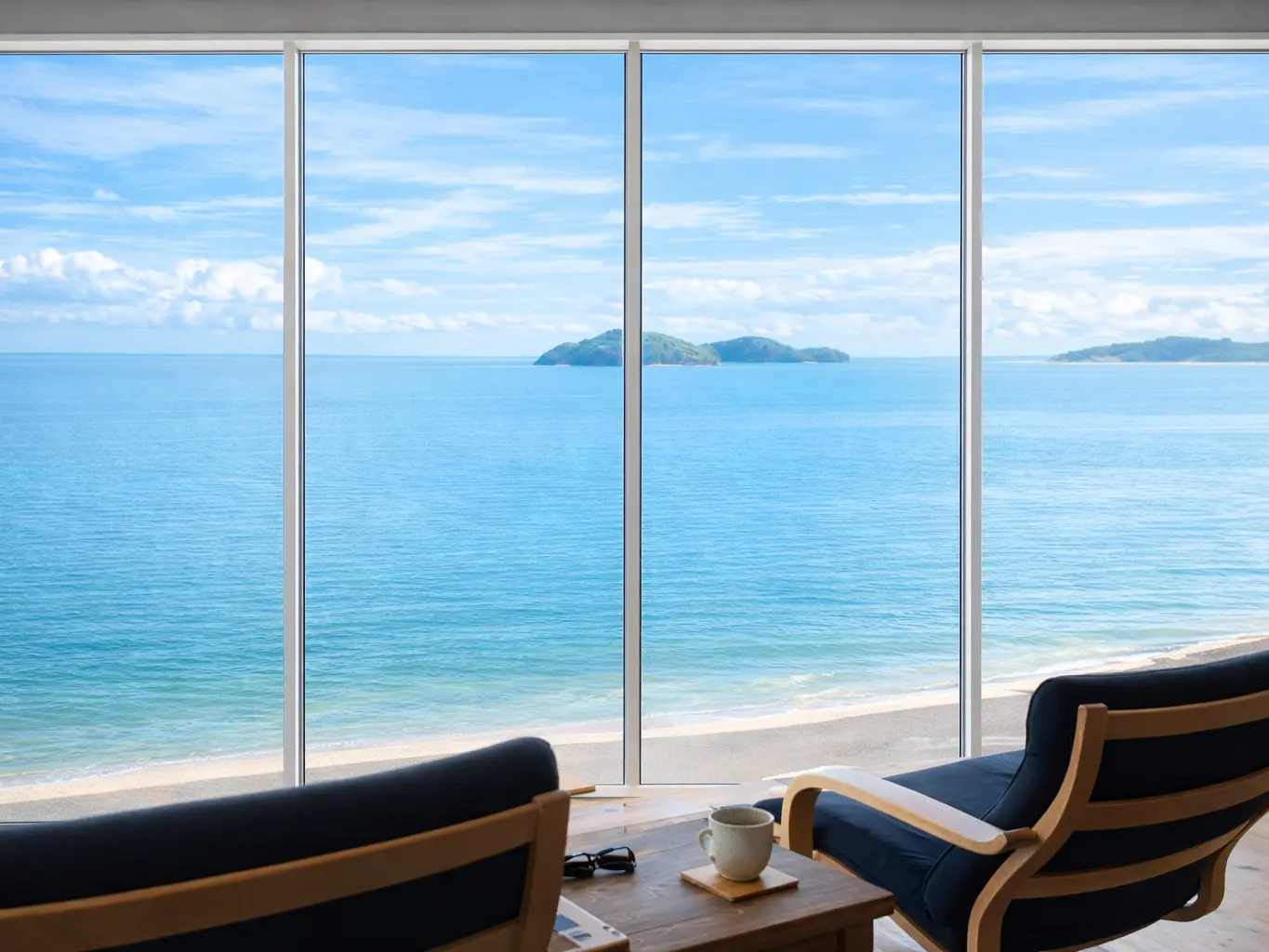 ocean-view-from-lounge - CORAL RESORT コーラルリゾート 部屋の大きな窓から見える海の景色。手前には椅子二脚とテーブルがあり、テーブルの上にコーヒーカップが置かれている。窓の外には砂浜、青い海、そして遠くに島が見える。